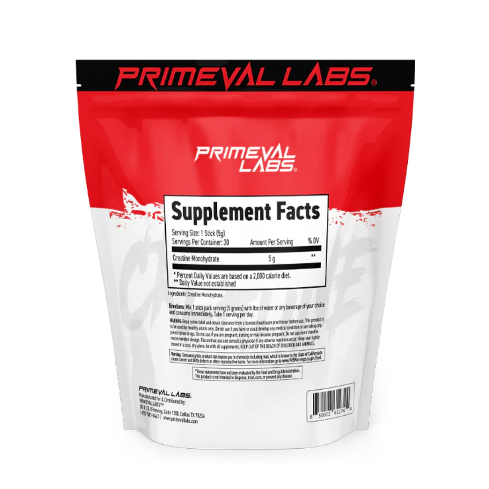 Primeval Labs créatine poudre, doseur inclus, prêt à mesurer pour un mélange rapide.