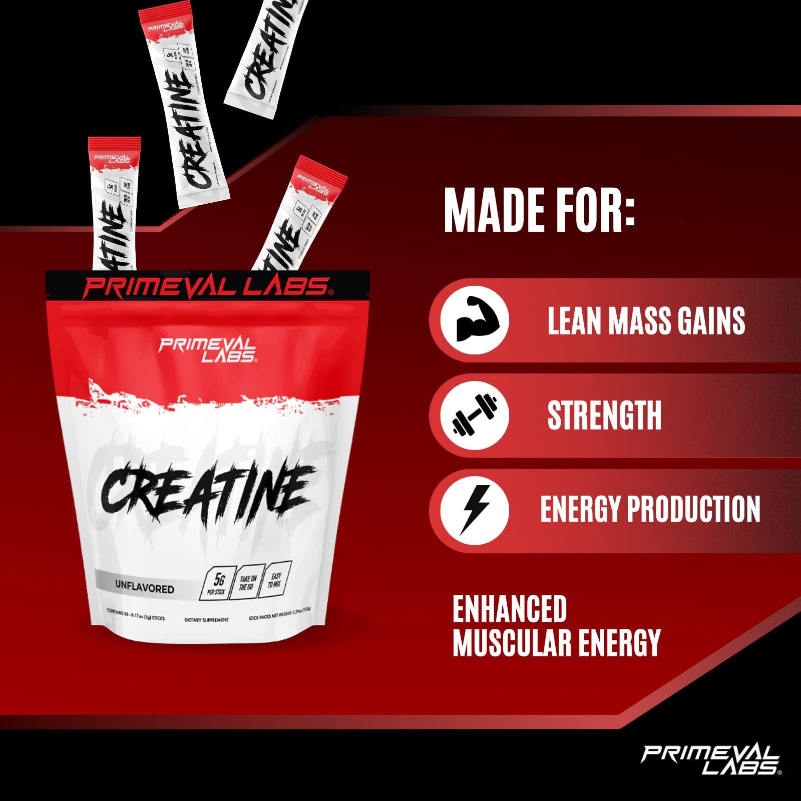 Primeval Labs créatine poudre – préparation pré-entraînement, soutien potentiel à l’effort.