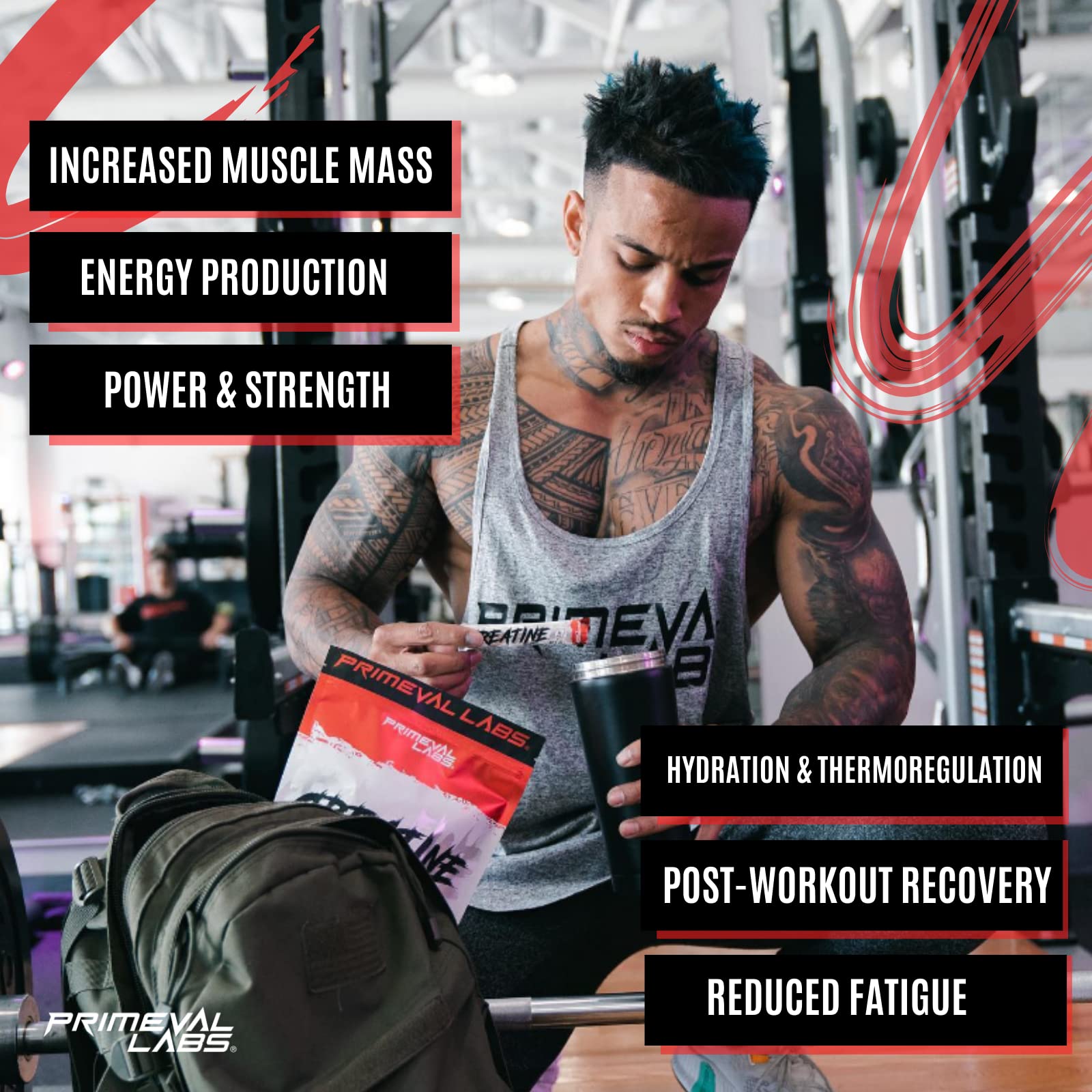 Primeval Labs Créatine – ambiance salle de sport, format pratique et durable.