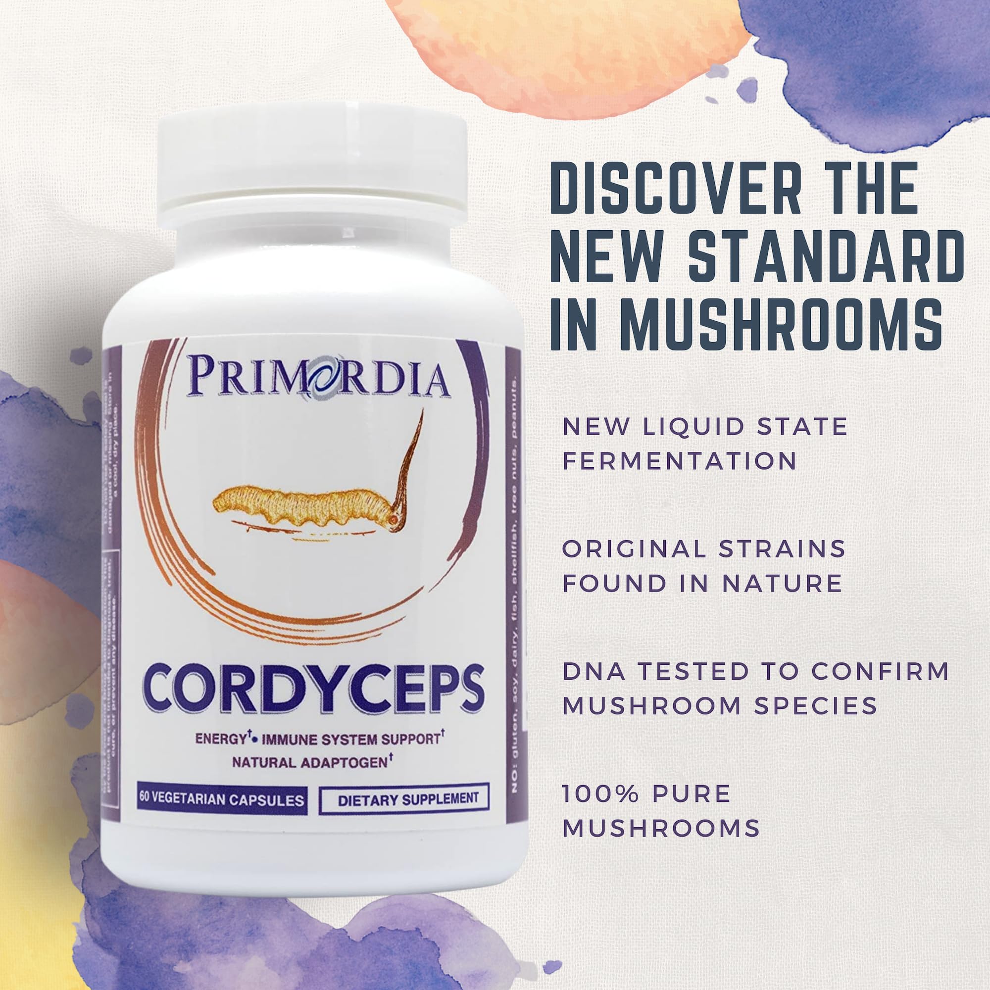 Bouteille Primordia Pure Cordyceps avec étiquette traçable et authenticité.