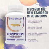 Bouteille Primordia Pure Cordyceps avec étiquette traçable et authenticité.