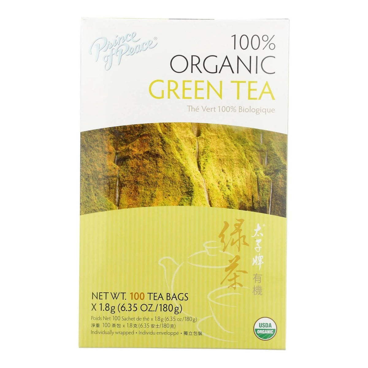Thé vert biologique Prince of Peace en sachets, parfait pour une pause matinale fraîche