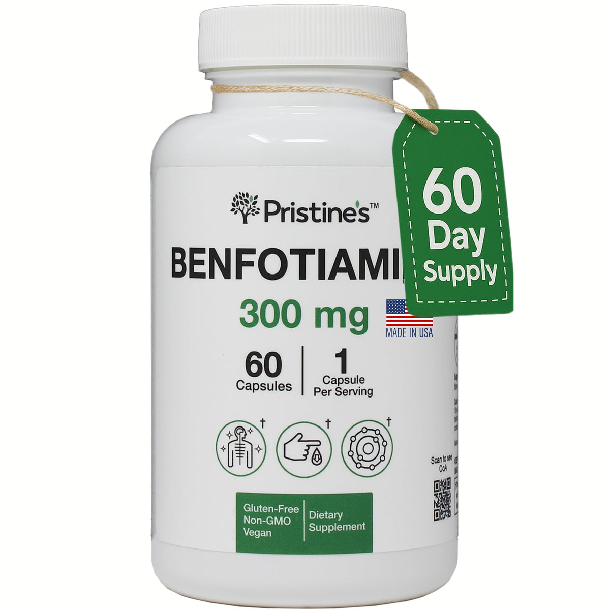 PRISTINE'S Benfotiamine — bouteille 300 mg, soutien potentiel des nerfs.