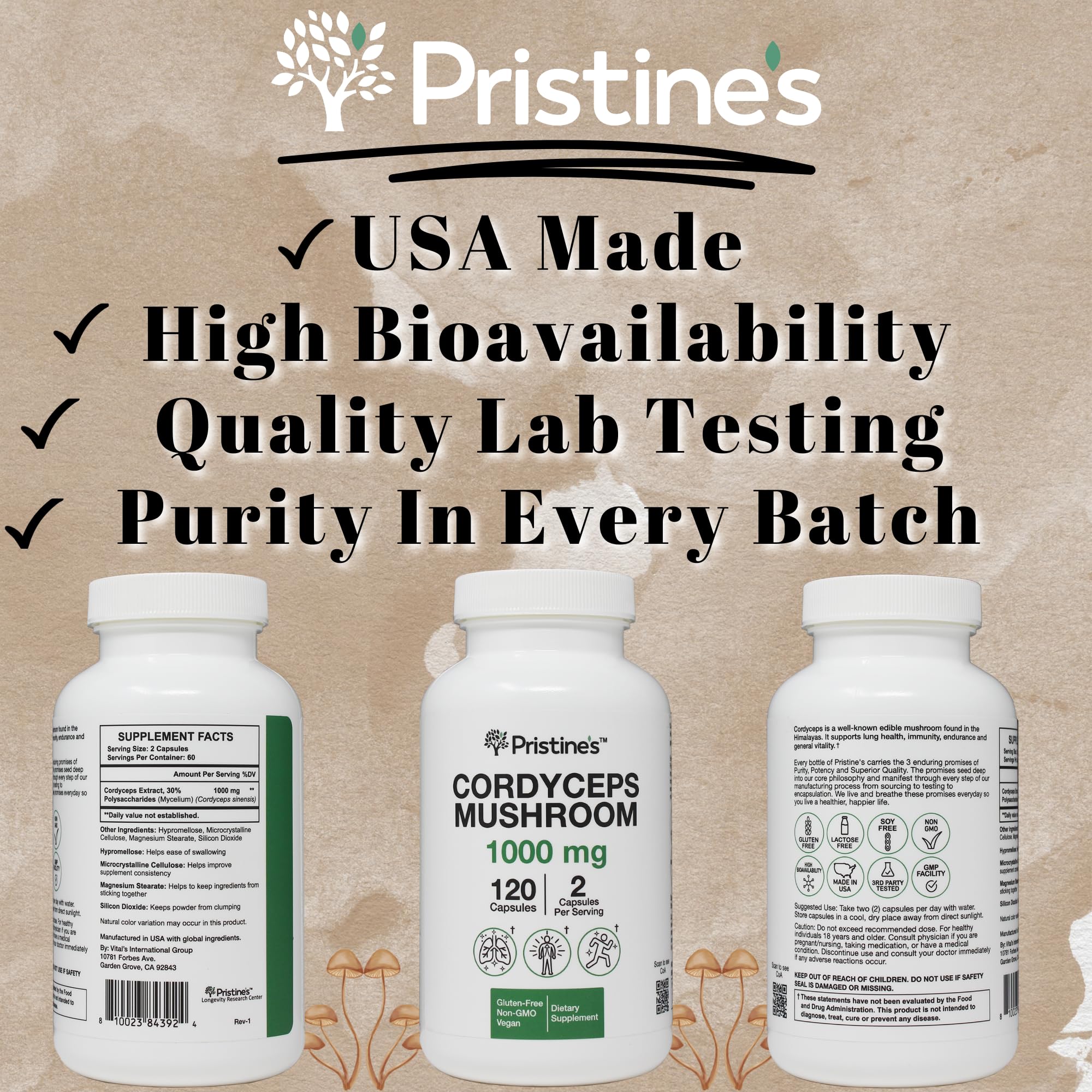 PRISTINE'S Cordyceps, antioxydants dans la capsule pour vitalité