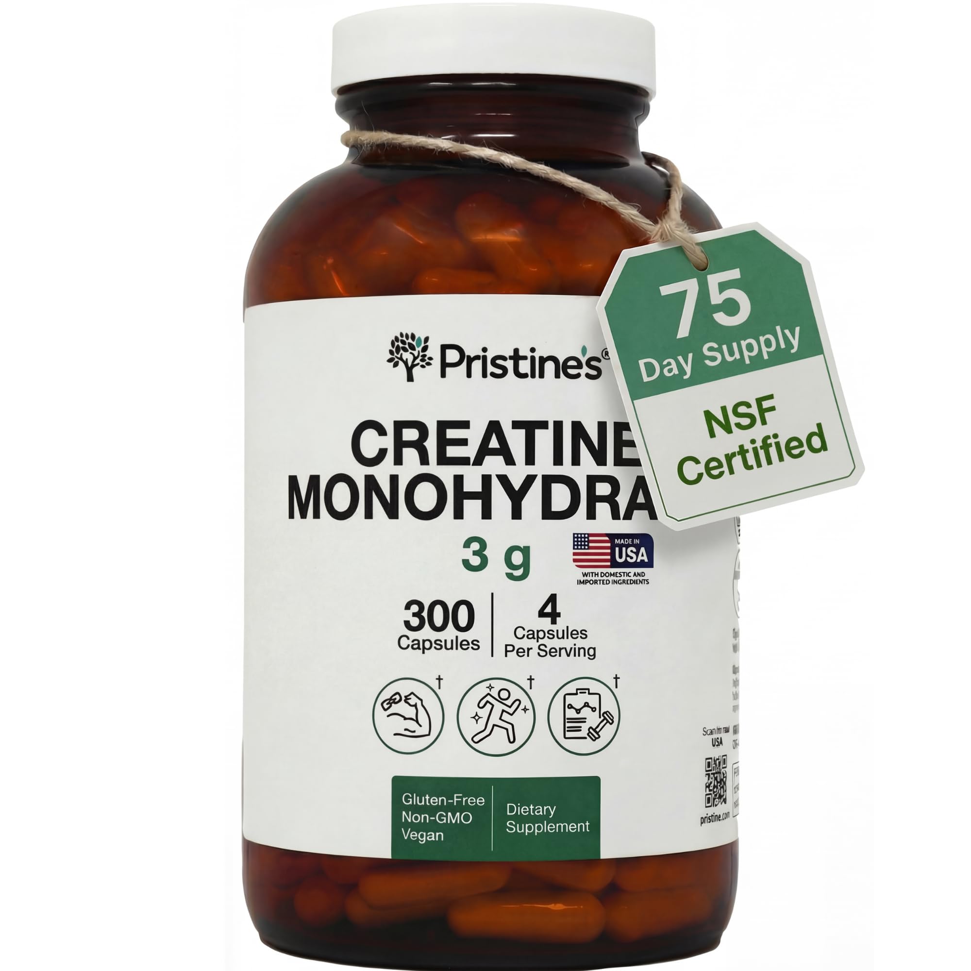 PRISTINE'S créatine monohydrate capsules: dosage 3000 mg pour soutenir l'endurance