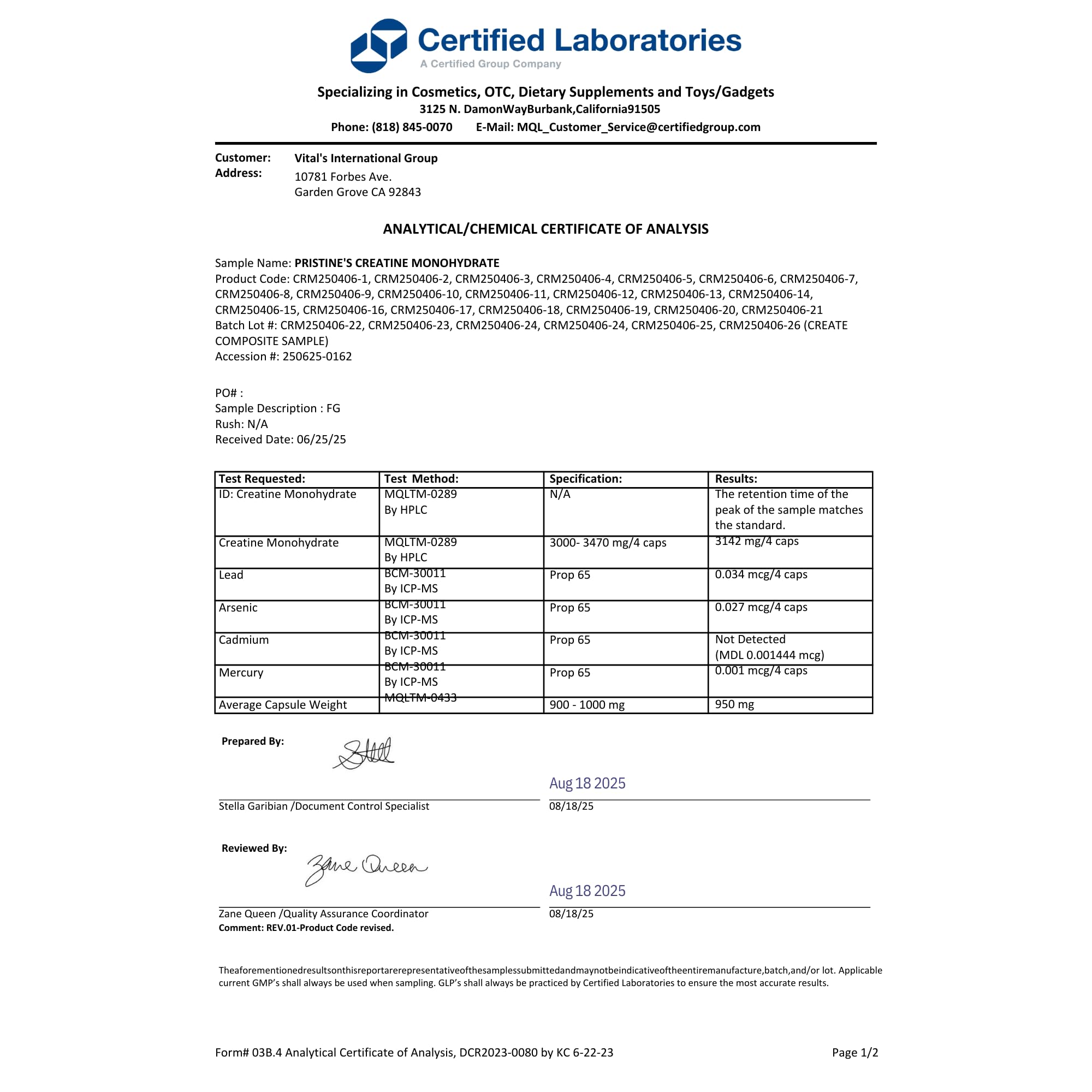 PRISTINE'S créatine monohydrate capsules: certifiée NSF pour assurer la qualité