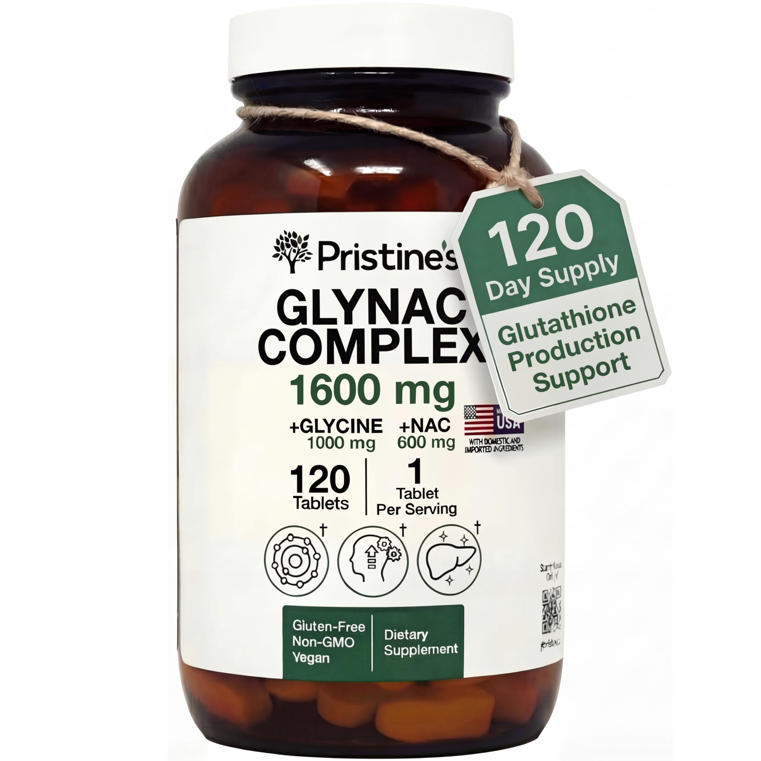 PRISTINE'S GlyNAC Complex – bouteille de comprimés prête à l’usage quotidien.