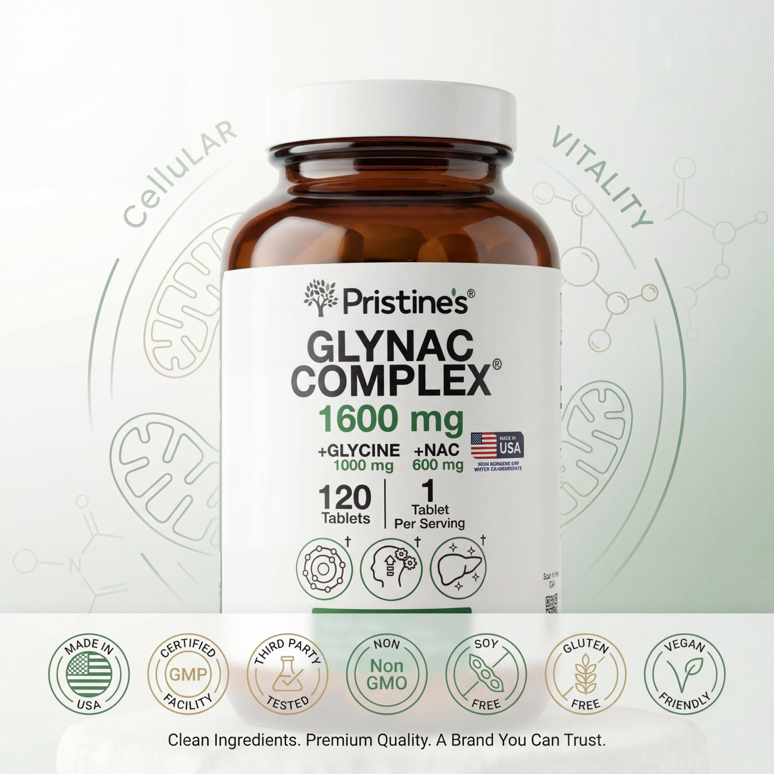 PRISTINE'S GlyNAC Complex – badge de certifications et traçabilité.