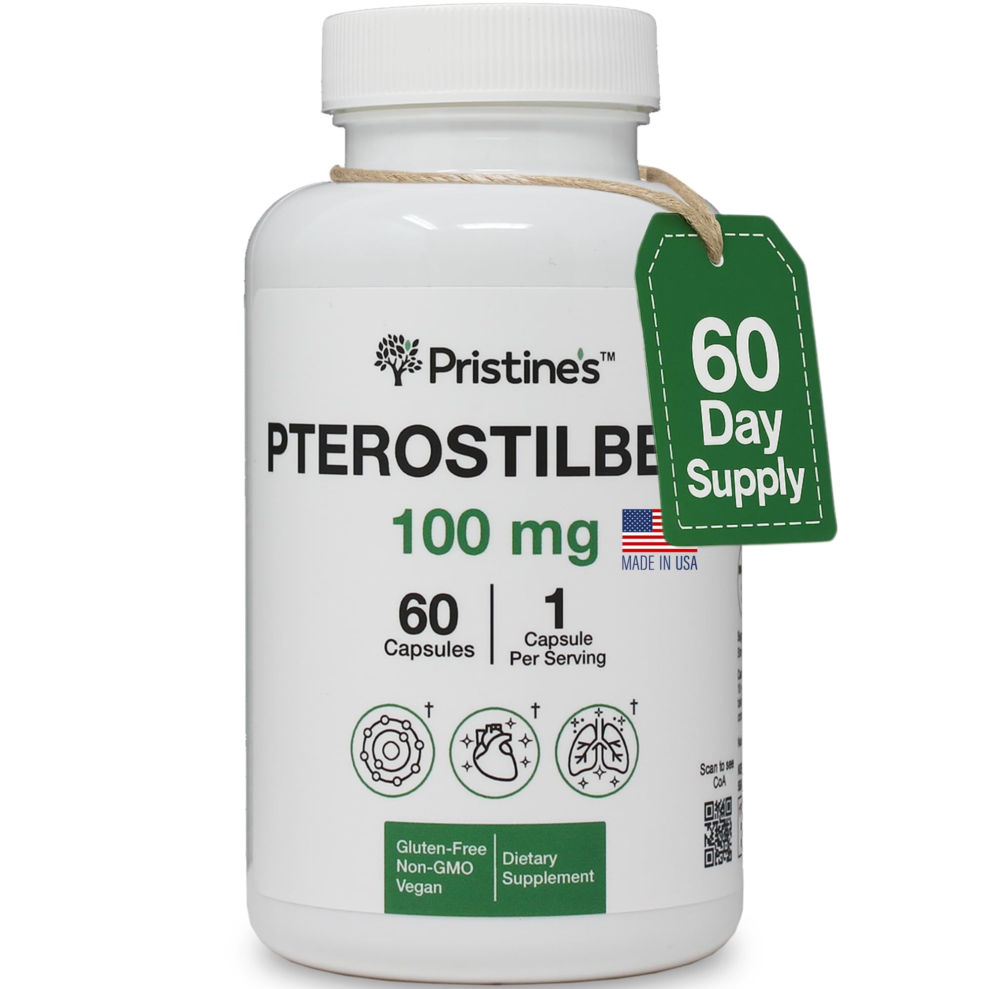PRISTINE'S Pterostilbene bouteille, soutien antioxydant potentiel pour la vitalité.