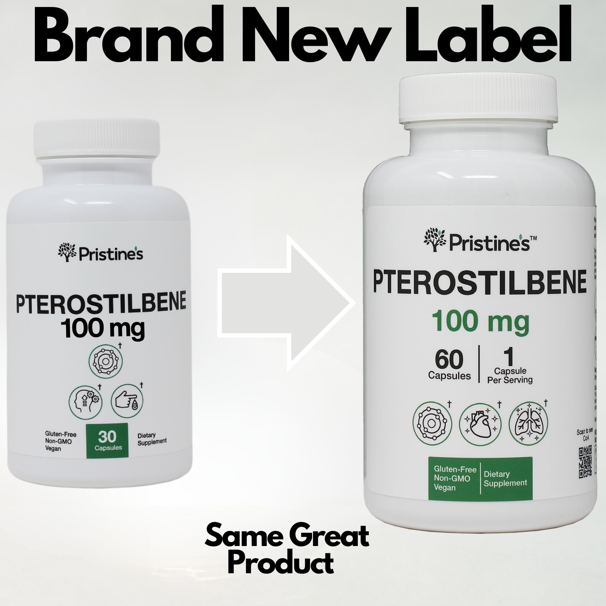 PRISTINE'S Pterostilbene capsules, prise pratique pour une routine santé et énergie.