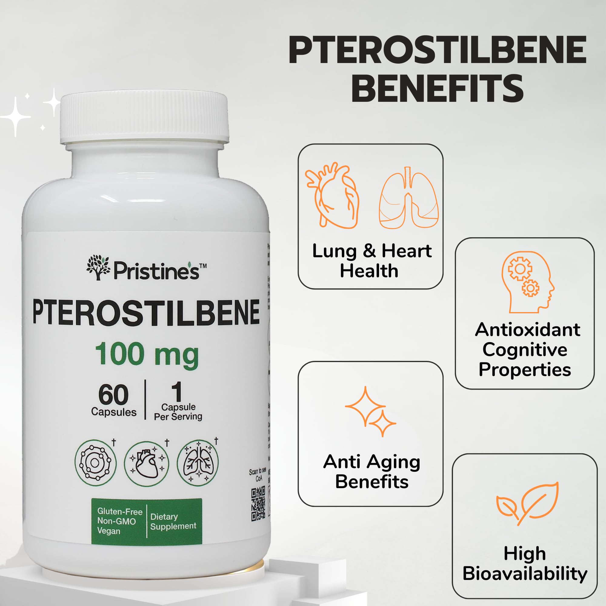 PRISTINE'S Pterostilbene myrtilles, origine naturelle et potentiel soutien antioxydant.