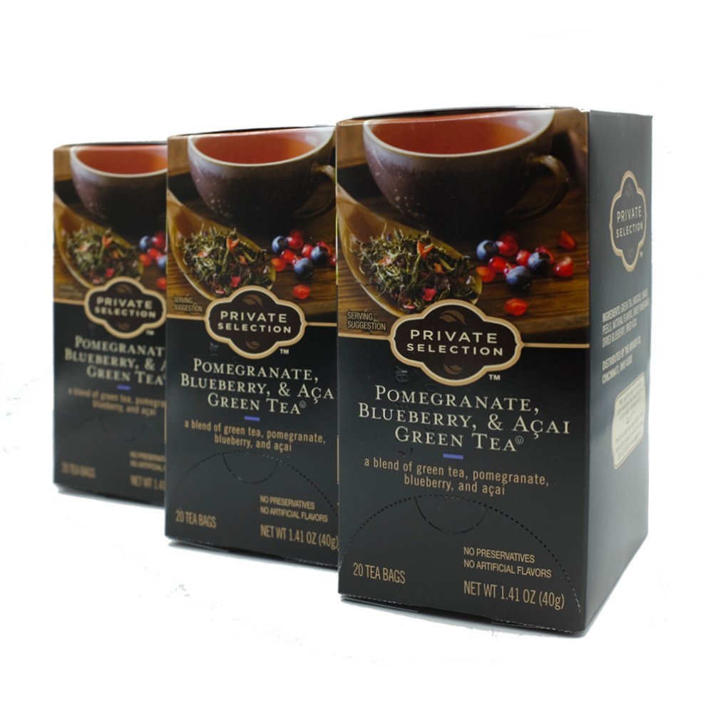 Lot de 3 sachets Private Selection thé vert grenade-myrtille-acai, pratique à partager.