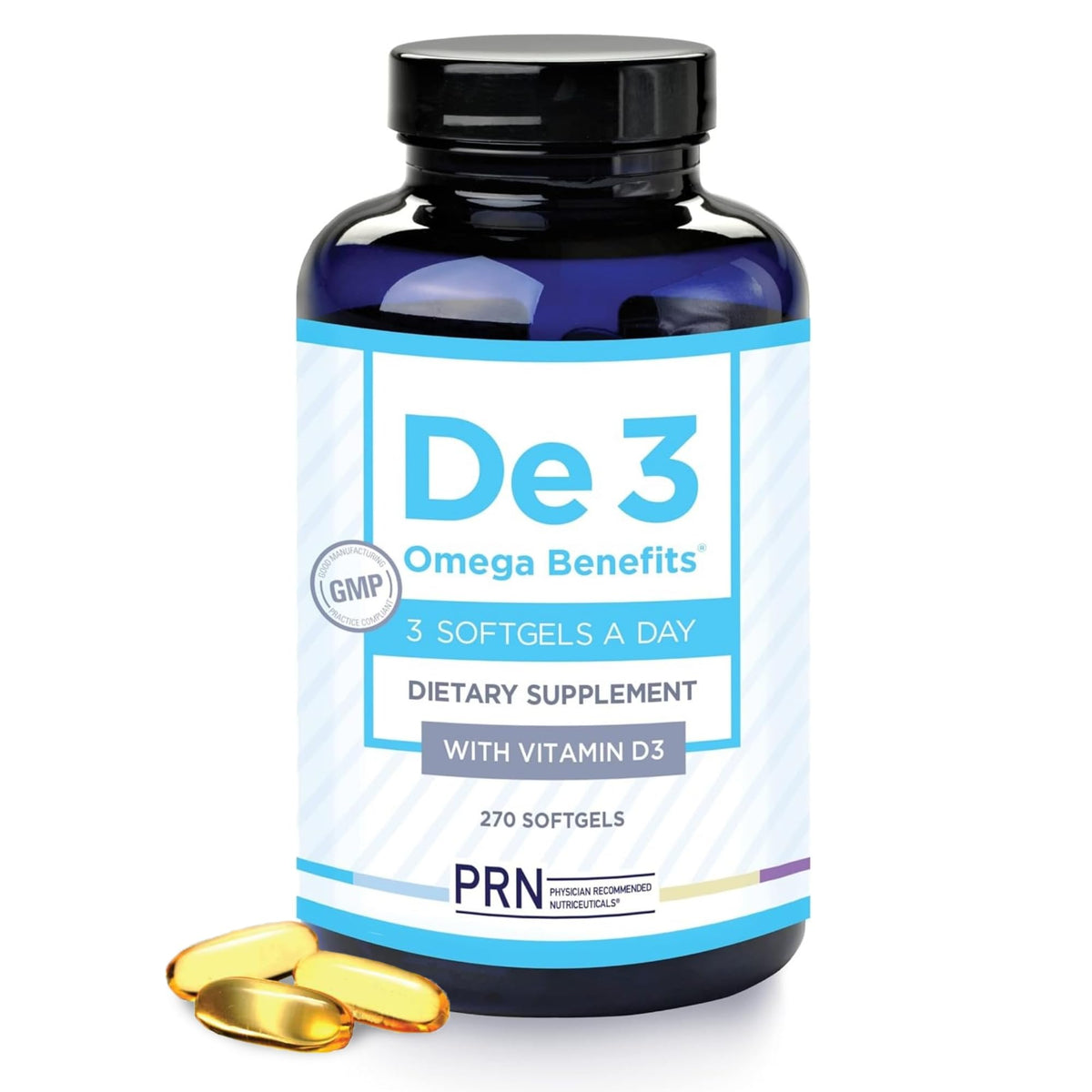 PRN De3 Omega 3 Bouteille soutient l'hydratation oculaire avec une huile concentrée.