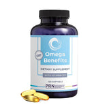 PRN Omega3: bouteille avec capsules, soutien potentiel pour peau et cœur.