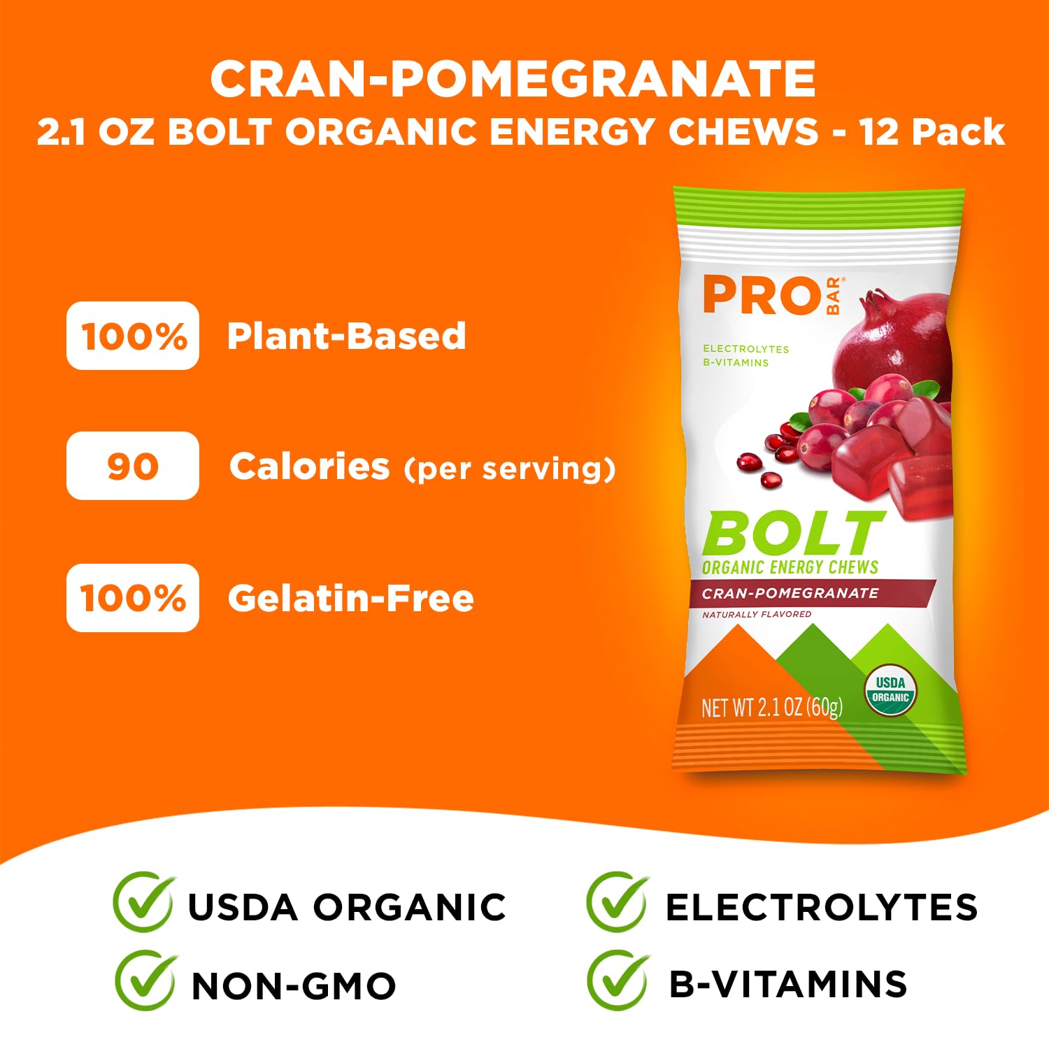 Ingrédients PROBAR Bolt avec vitamines B et C pour soutenir l'endurance.