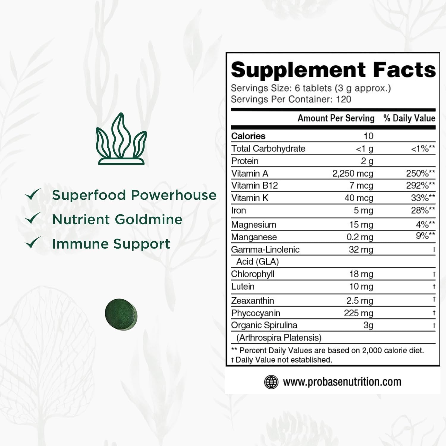 Probase Nutrition Spiruline – sans additifs et sans colorants artificiels.