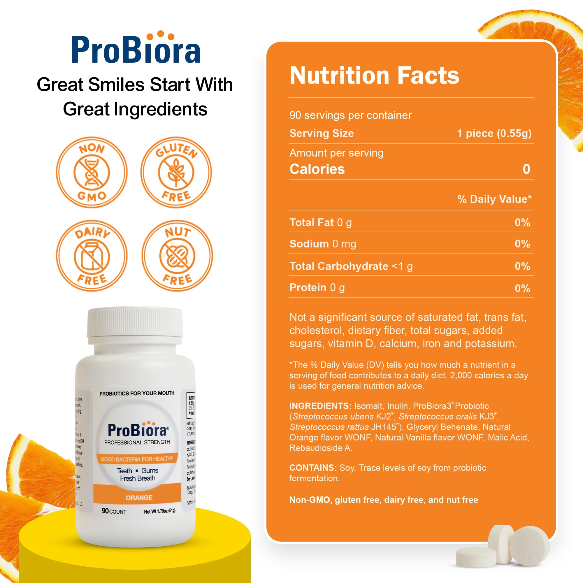 ProBiora Health tablettes orange, gros plan sur la couleur vivante.