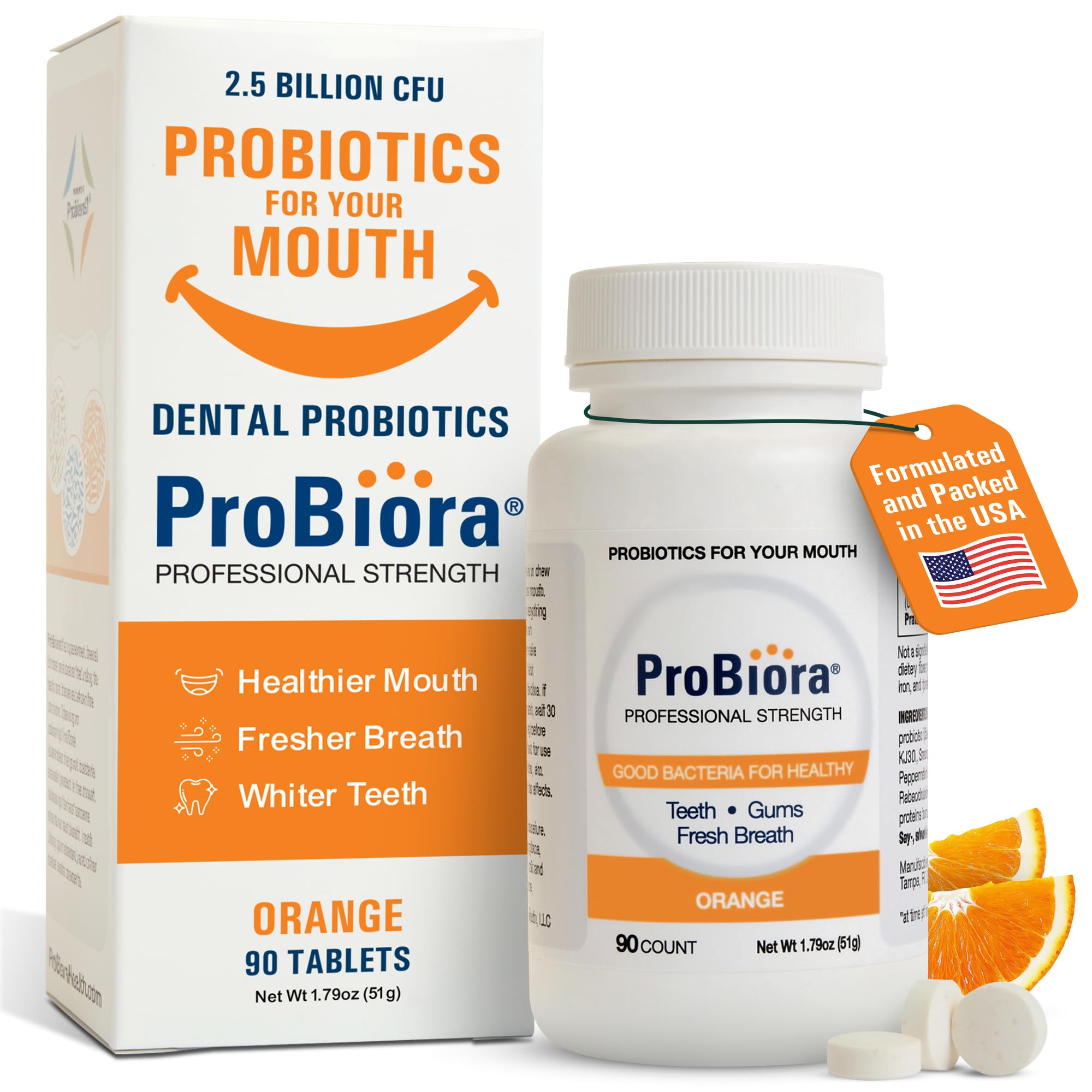 ProBiora Health tablettes orange professionnelles, équilibrant les bactéries buccales pour une haleine plus fraîche.