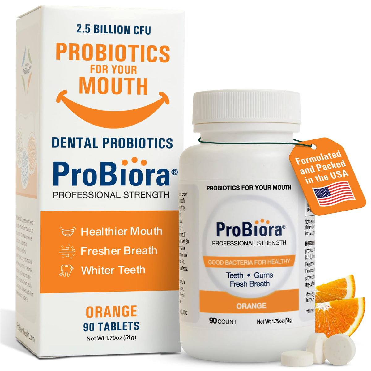 ProBiora Health tablettes orange professionnelles, équilibrant les bactéries buccales pour une haleine plus fraîche.