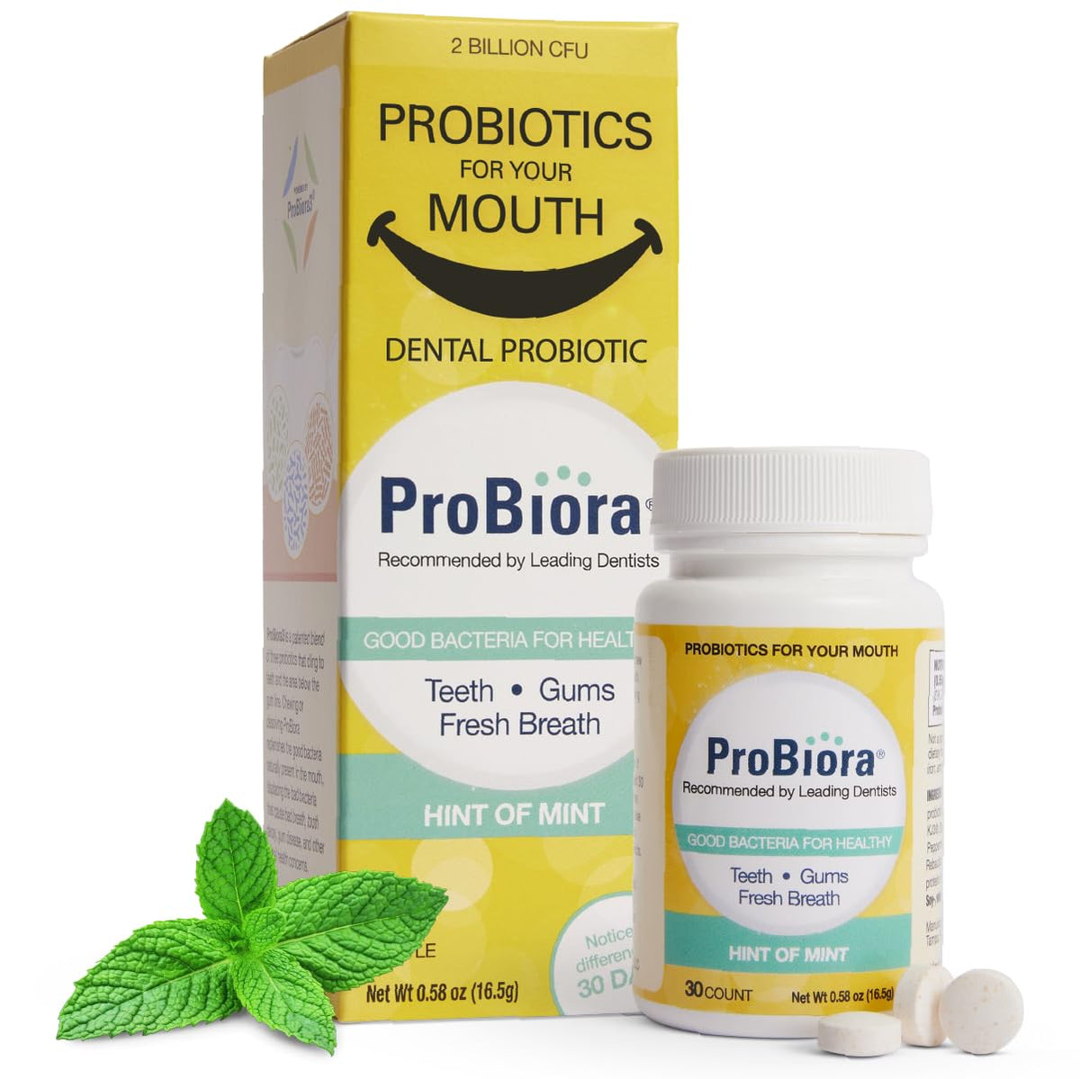 Tablette ProBiora Health à la menthe pour haleine fraîche.