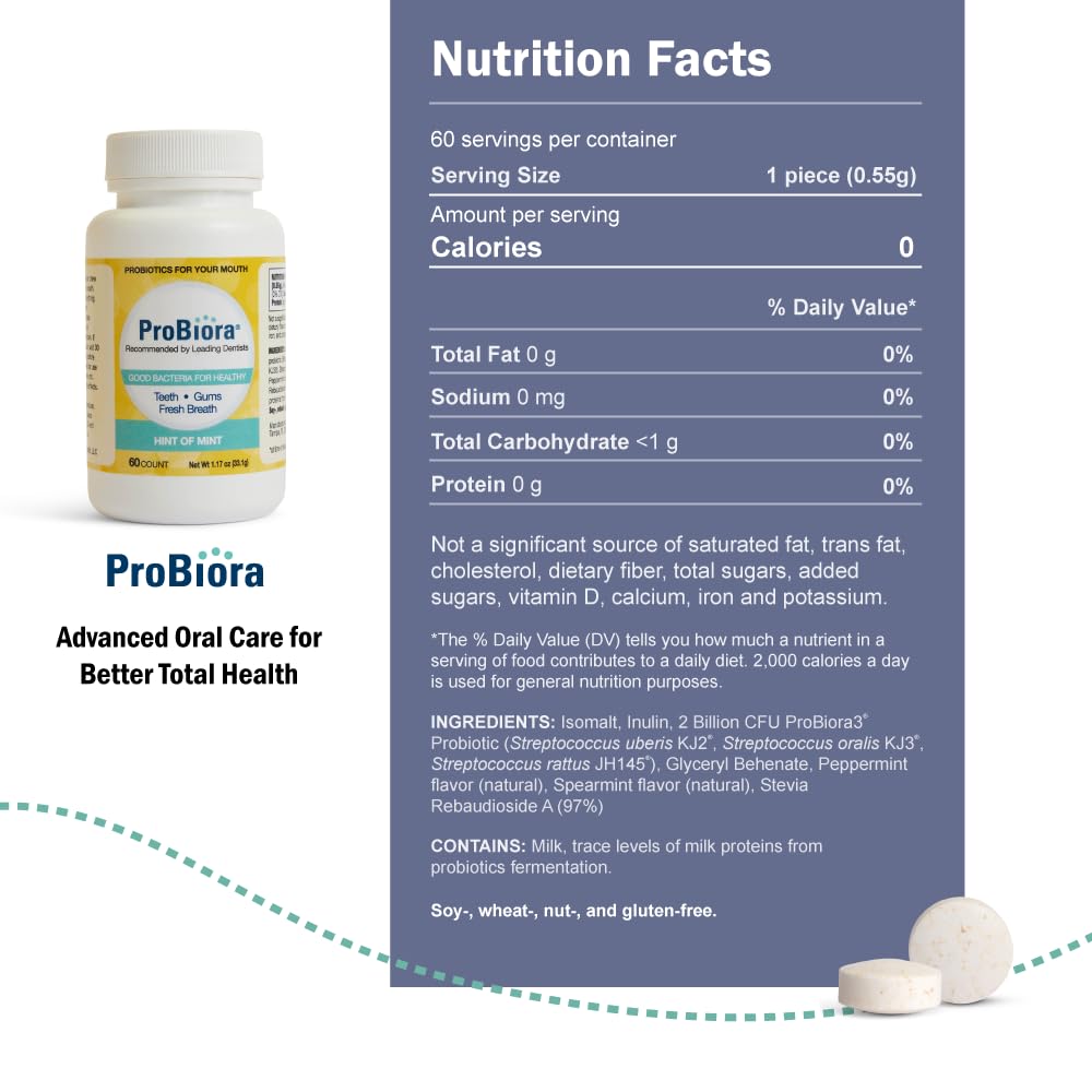 Tablette probiotique ProBiora Health menthe, gros plan sur la texture et l'arôme frais.