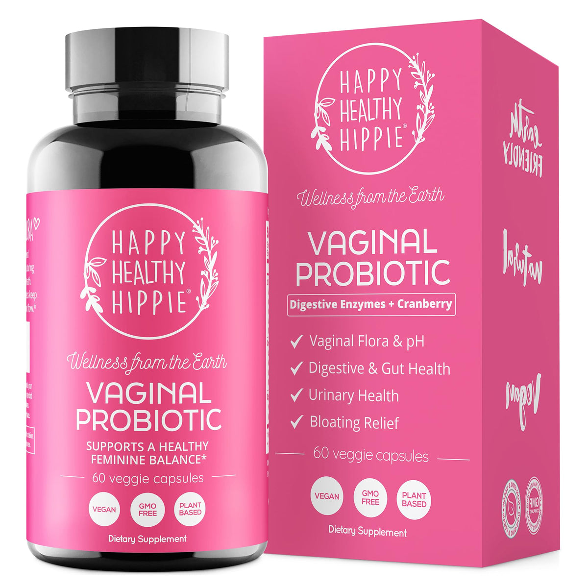 Happy Healthy Hippie – bouteille de probiotiques vaginaux pour équilibre quotidien.