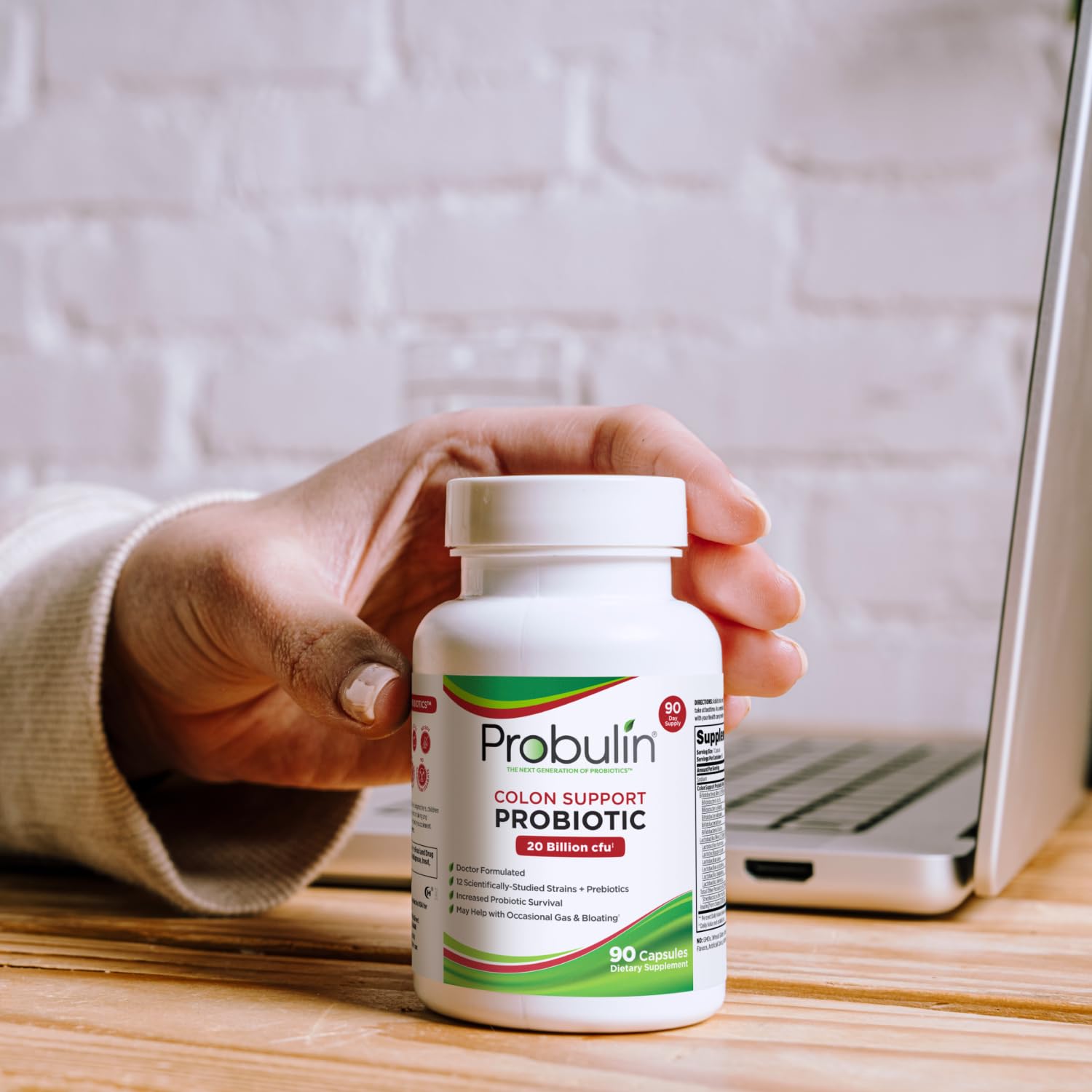Probulin Colon Support – etiquette: étiquette claire indiquant 12 souches et 20 milliards CFU.