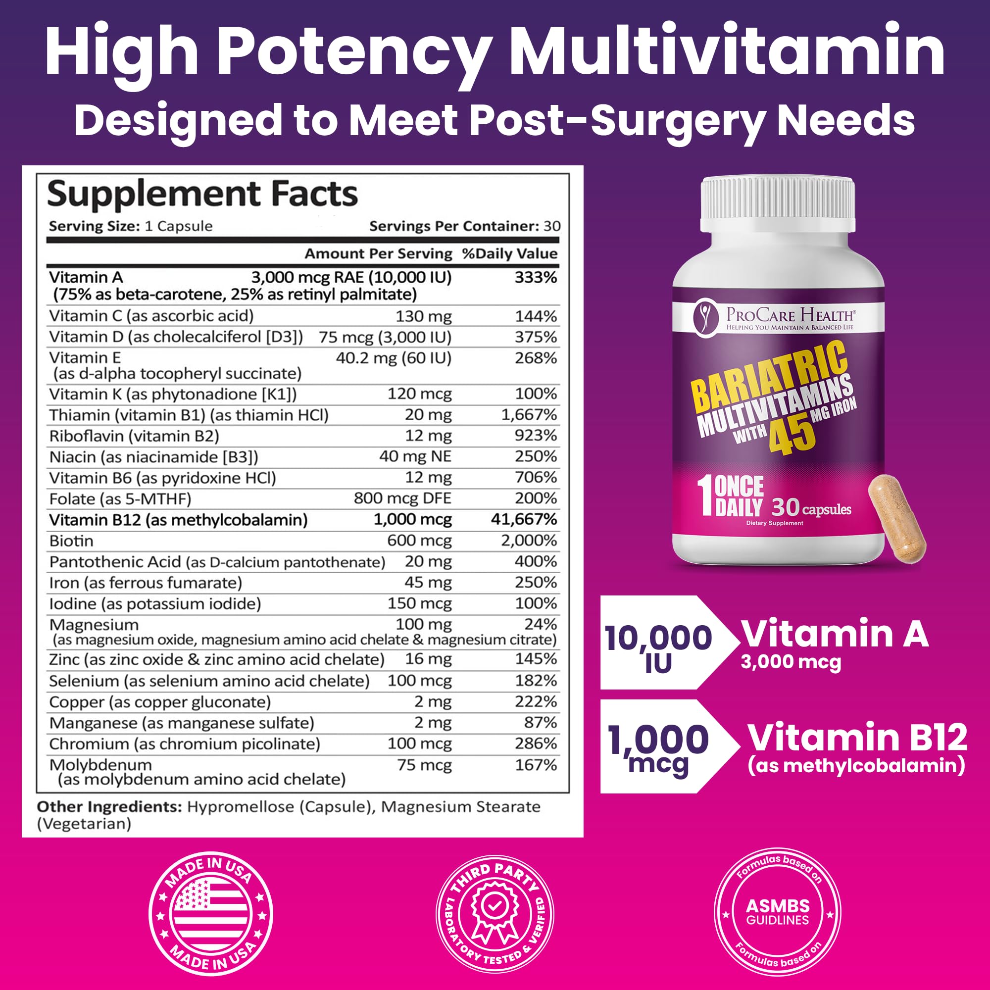 ProCare Health – étiquette indiquant 22 nutriments essentiels, soutien nutritionnel ciblé