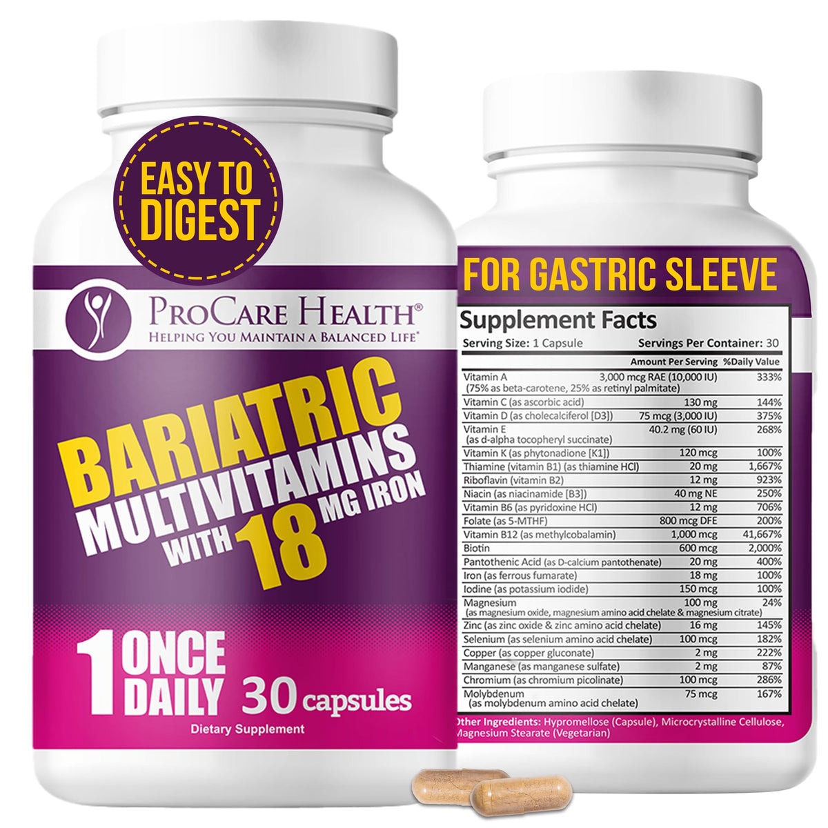 ProCare Health Bariatric Multivitamin, bouteille: soutien quotidien des nutriments après chirurgie bariatrique.