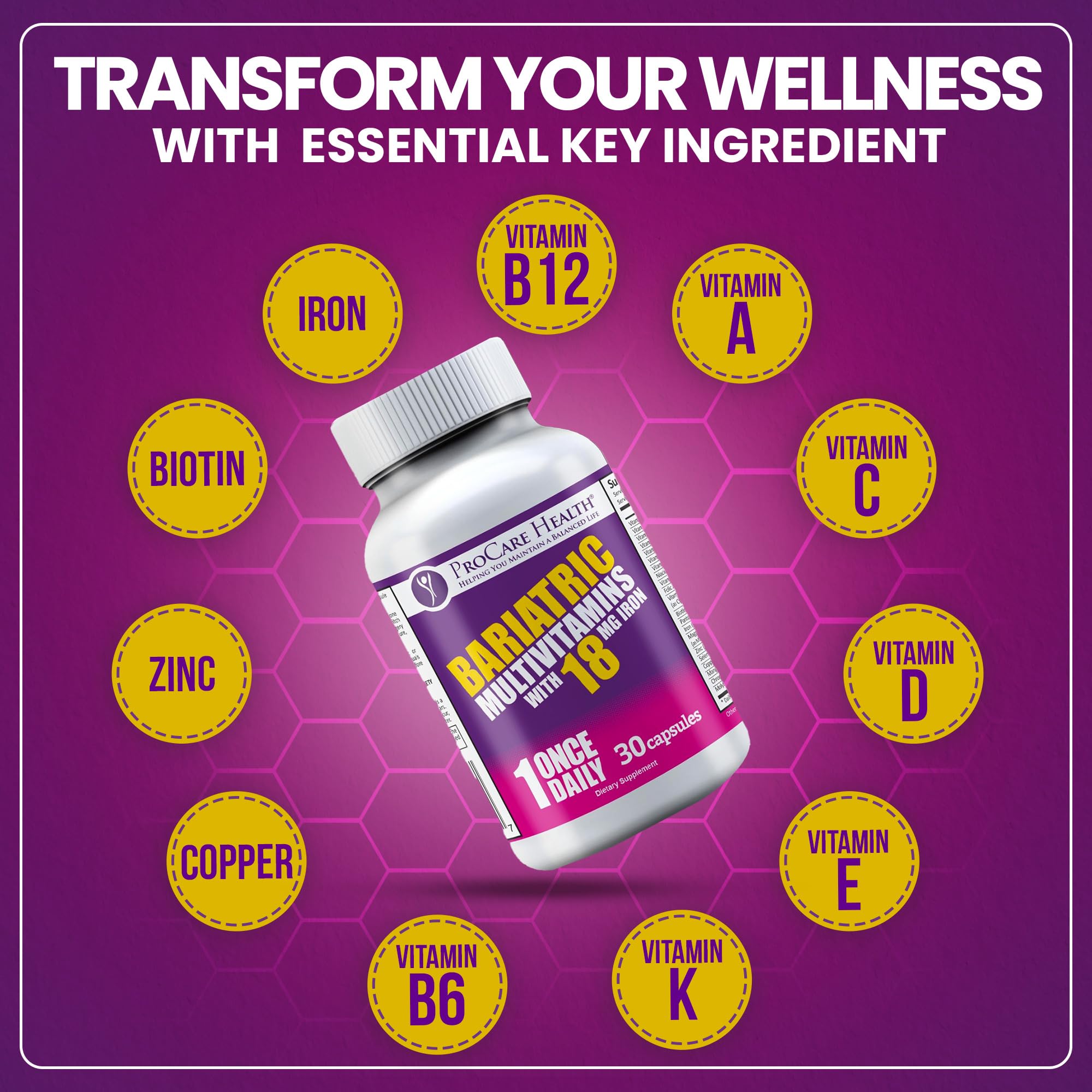 ProCare Health Bariatric Multivitamin, capsules à avaler: adapté à une routine post-bariatrique.