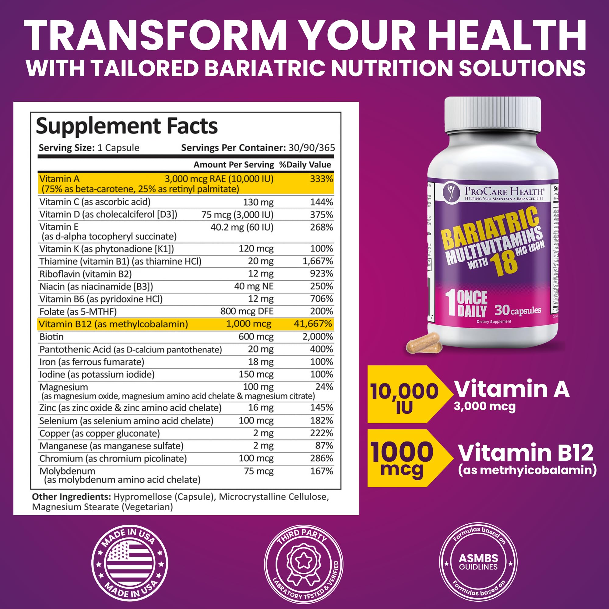 ProCare Health Bariatric Multivitamin, capsules: format facile à avaler pour la récupération post-opératoire.