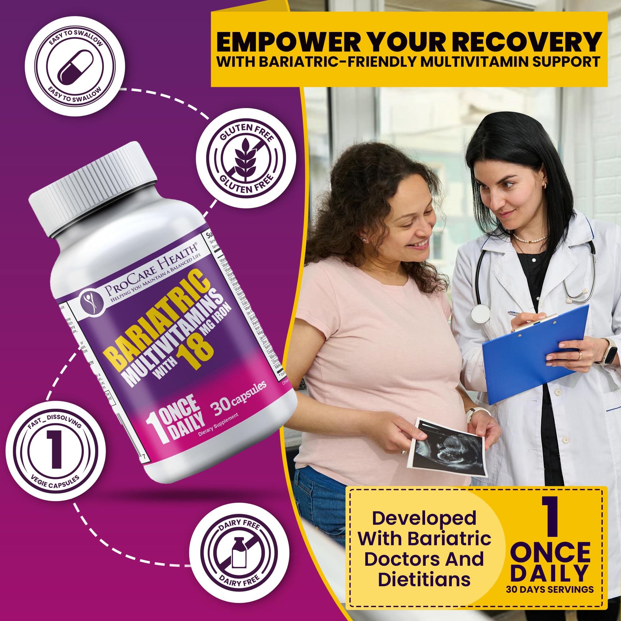 ProCare Health Bariatric Multivitamin, étiquette: informations claires pour un usage quotidien sans effort.