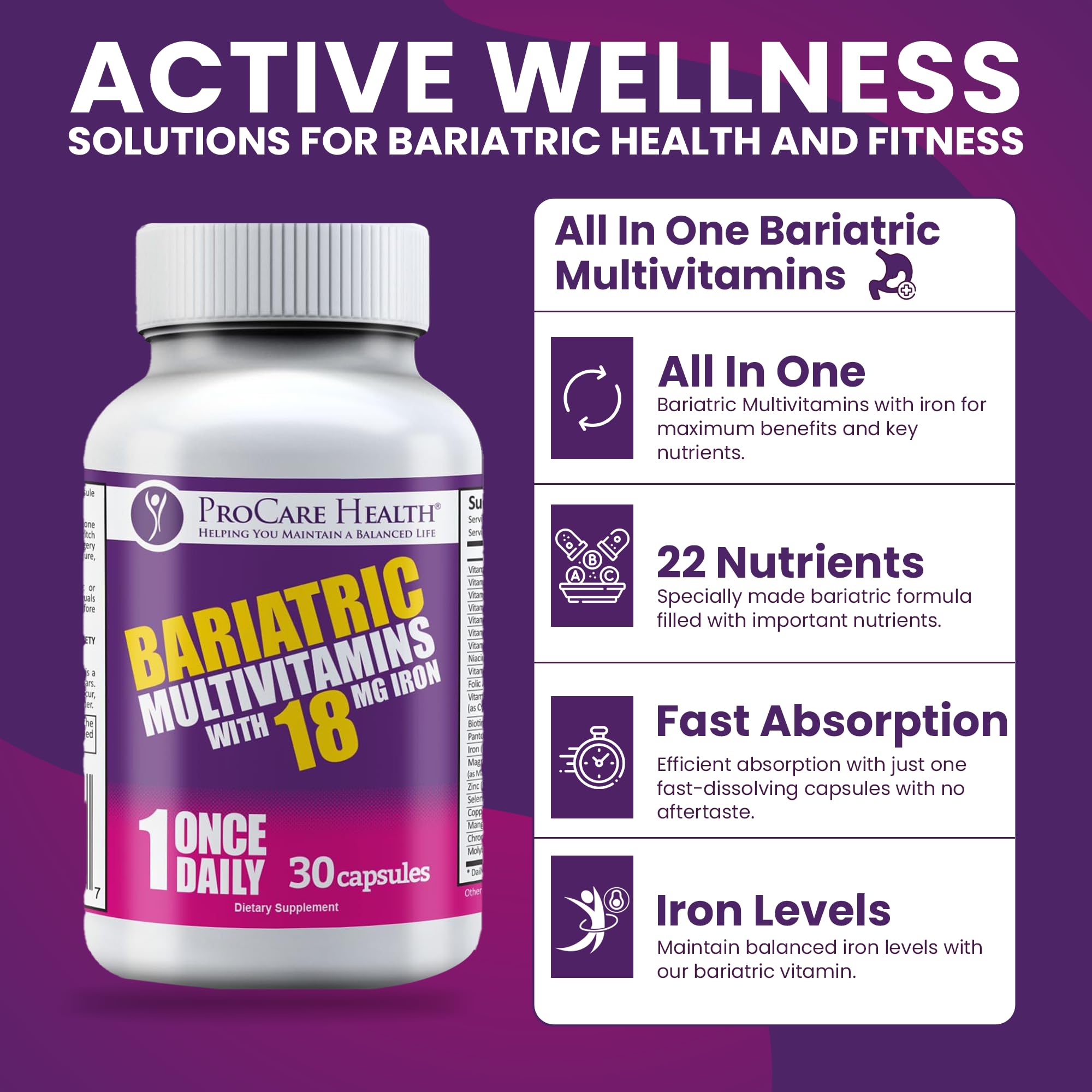 ProCare Health Bariatric Multivitamin, ingrédients et vitamines: contient fer, vitamine D, B12 et zinc.