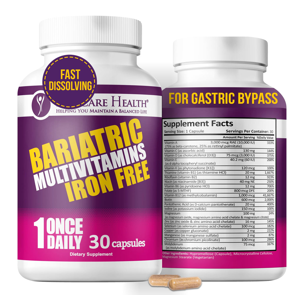Capsules végétales ProCare Health sans fer, prêtes à être consommées après chirurgie bariatrique.