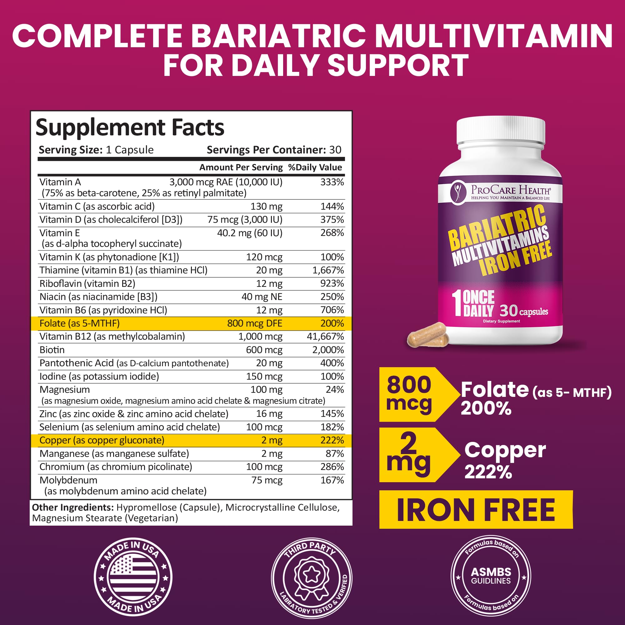 Boîte de 30 capsules sans fer pour un mois de nutrition post-opératoire.