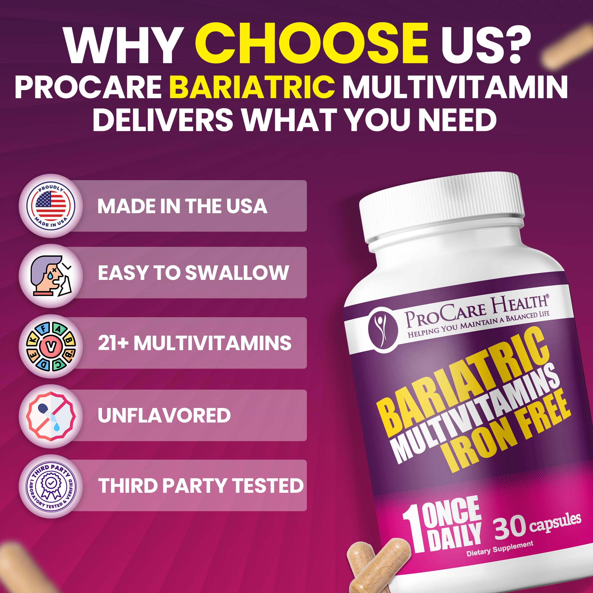 Multivitamine sans fer, soutien nutritionnel quotidien après chirurgie bariatrique.