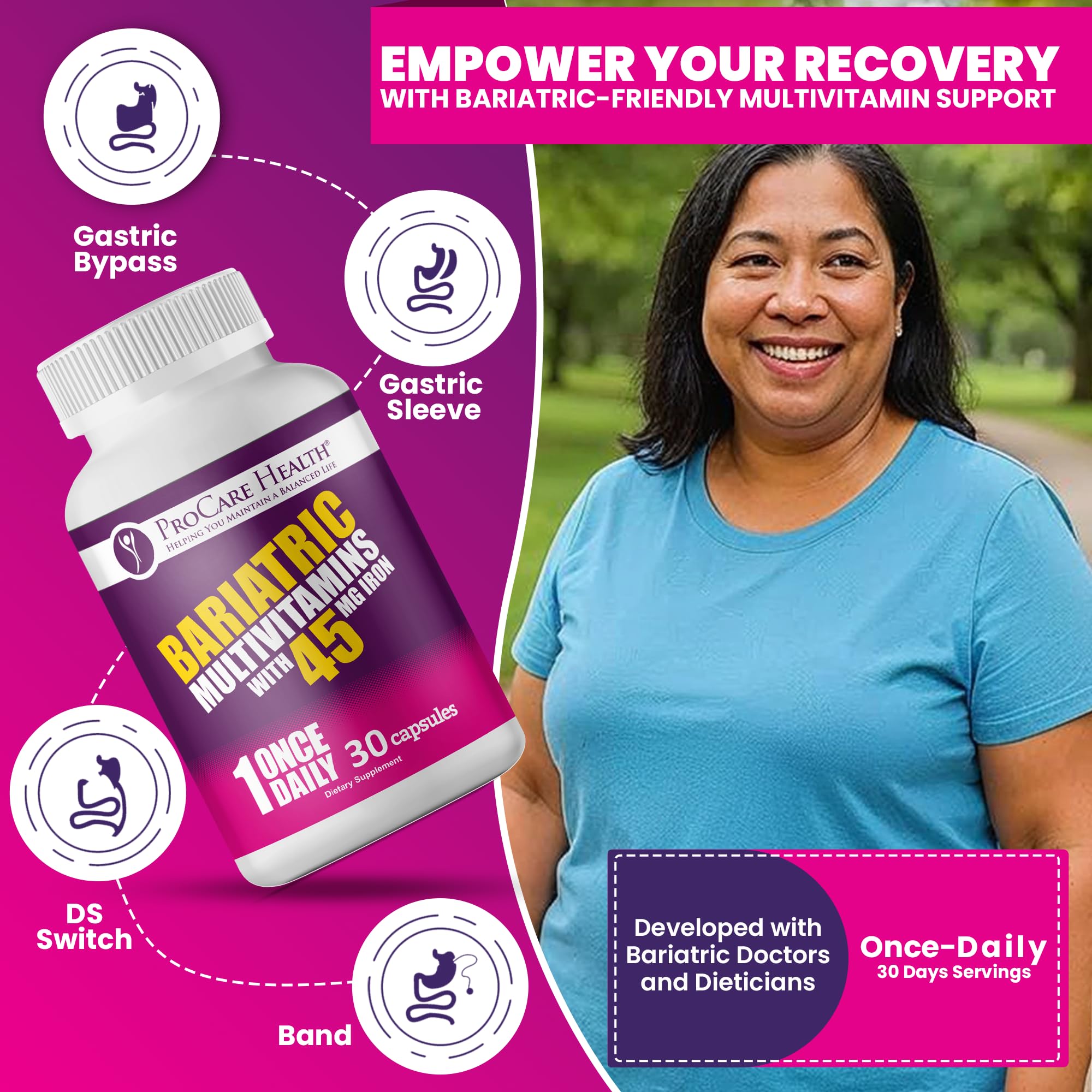 ProCare Health – capsules faciles à avaler, intégration simple à la routine nutritionnelle post-bariatrique