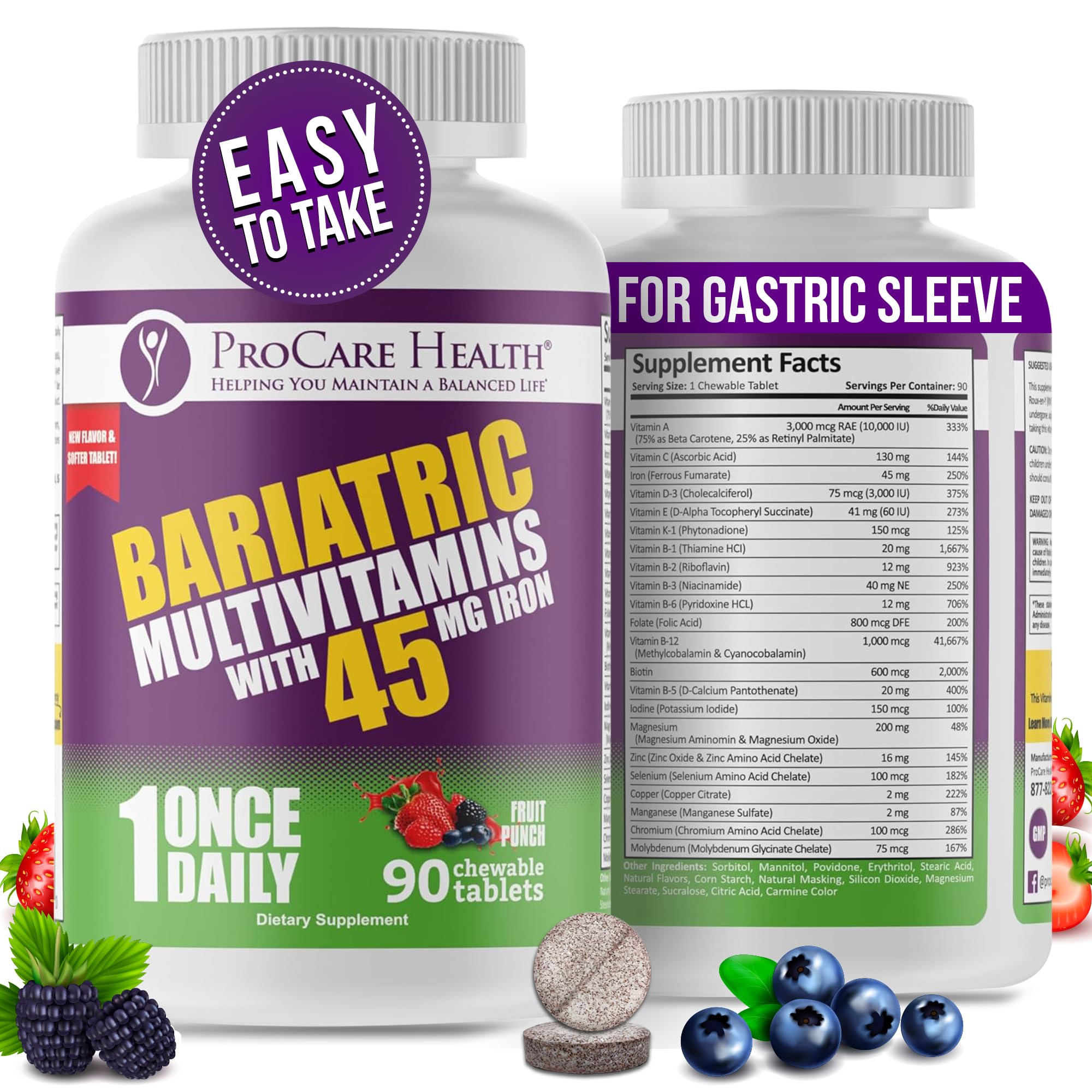 ProCare Health multivitamine bariatique fer 45 mg – boîte fruits-punch soutient nutritionnel quotidien