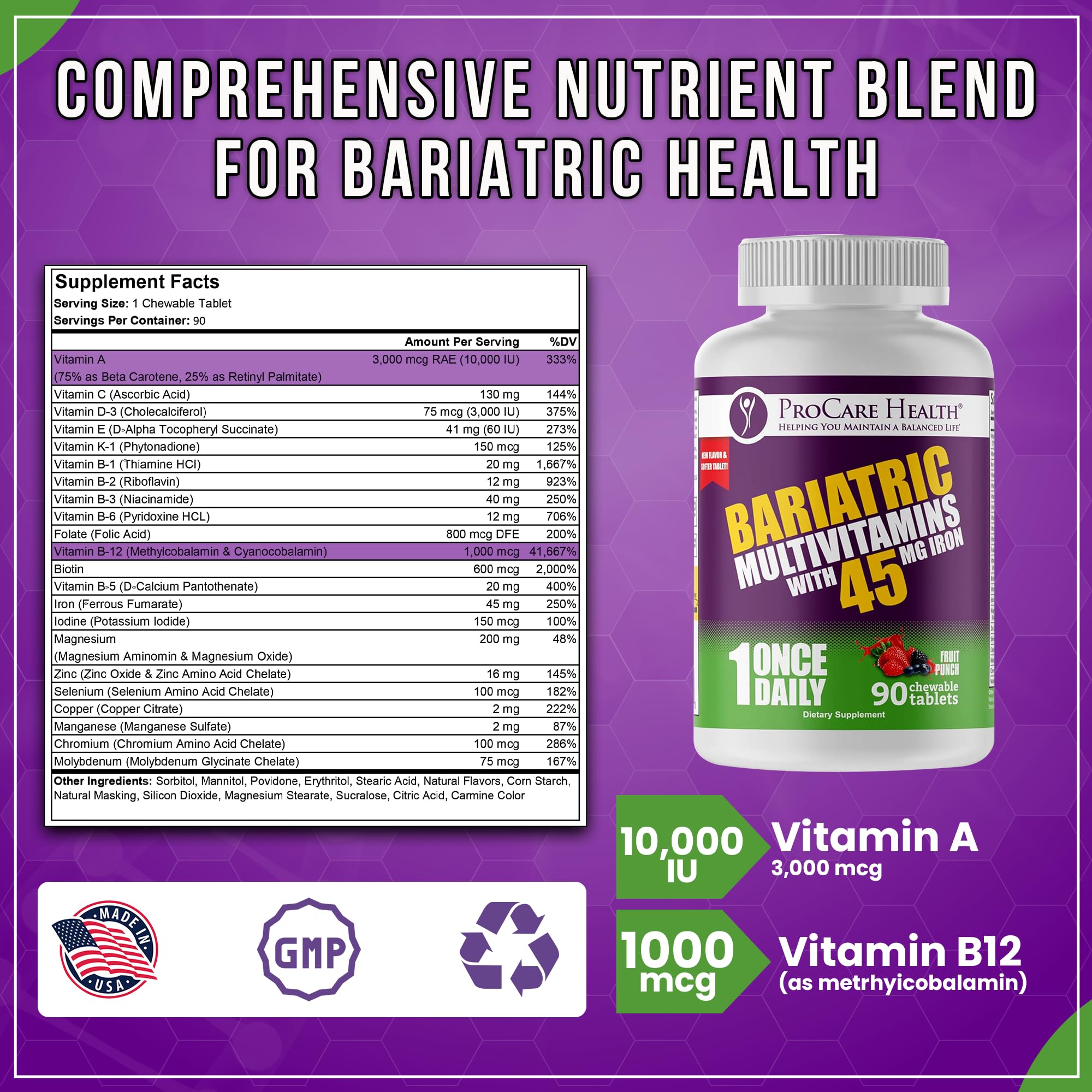 Tablettes à mâcher ProCare Health bariatique fer 45 mg – saveur fruits-punch absorption facilitée