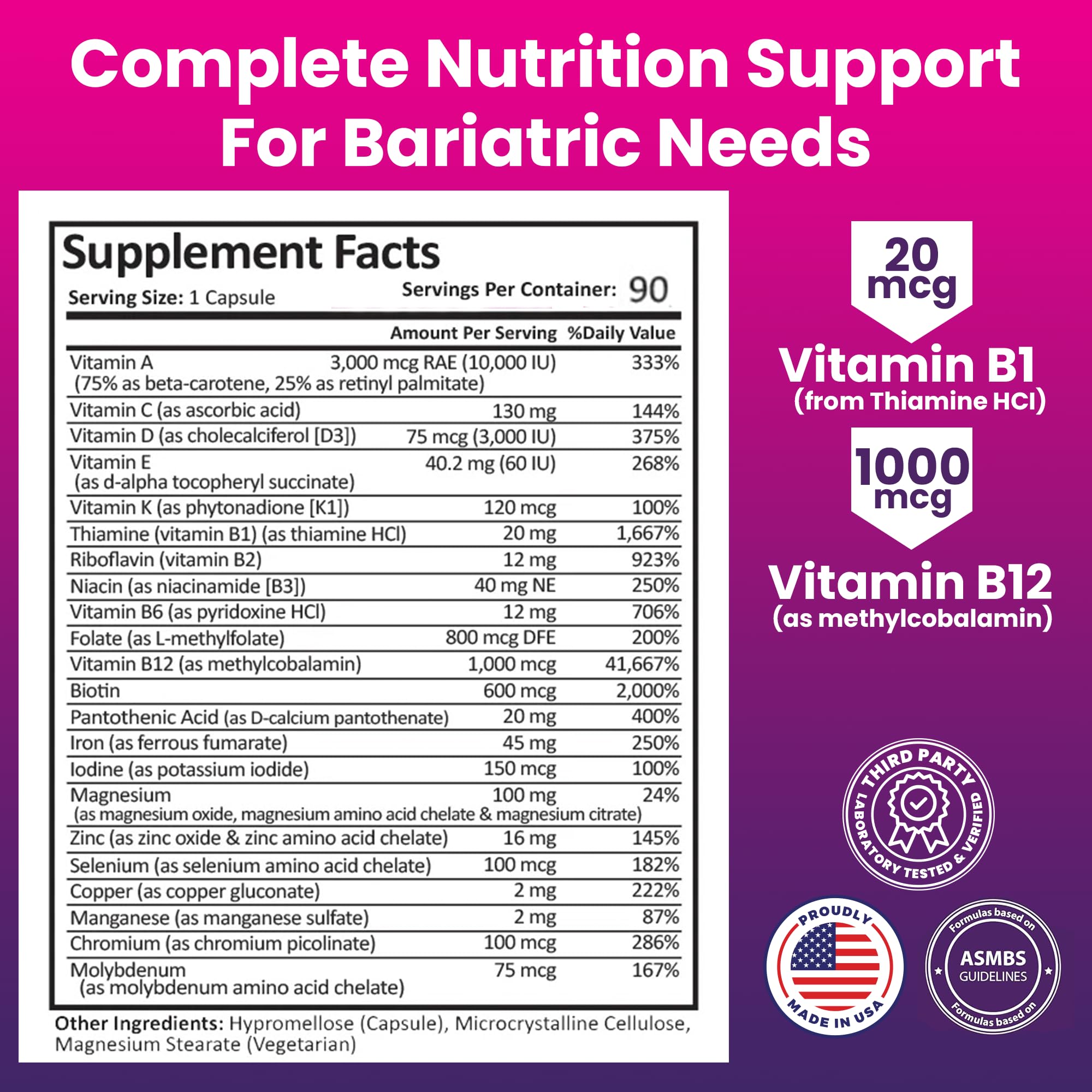 ProCare Health Multivitamine bariatrique, emballage sans colorants artificiels, consommation sûre.