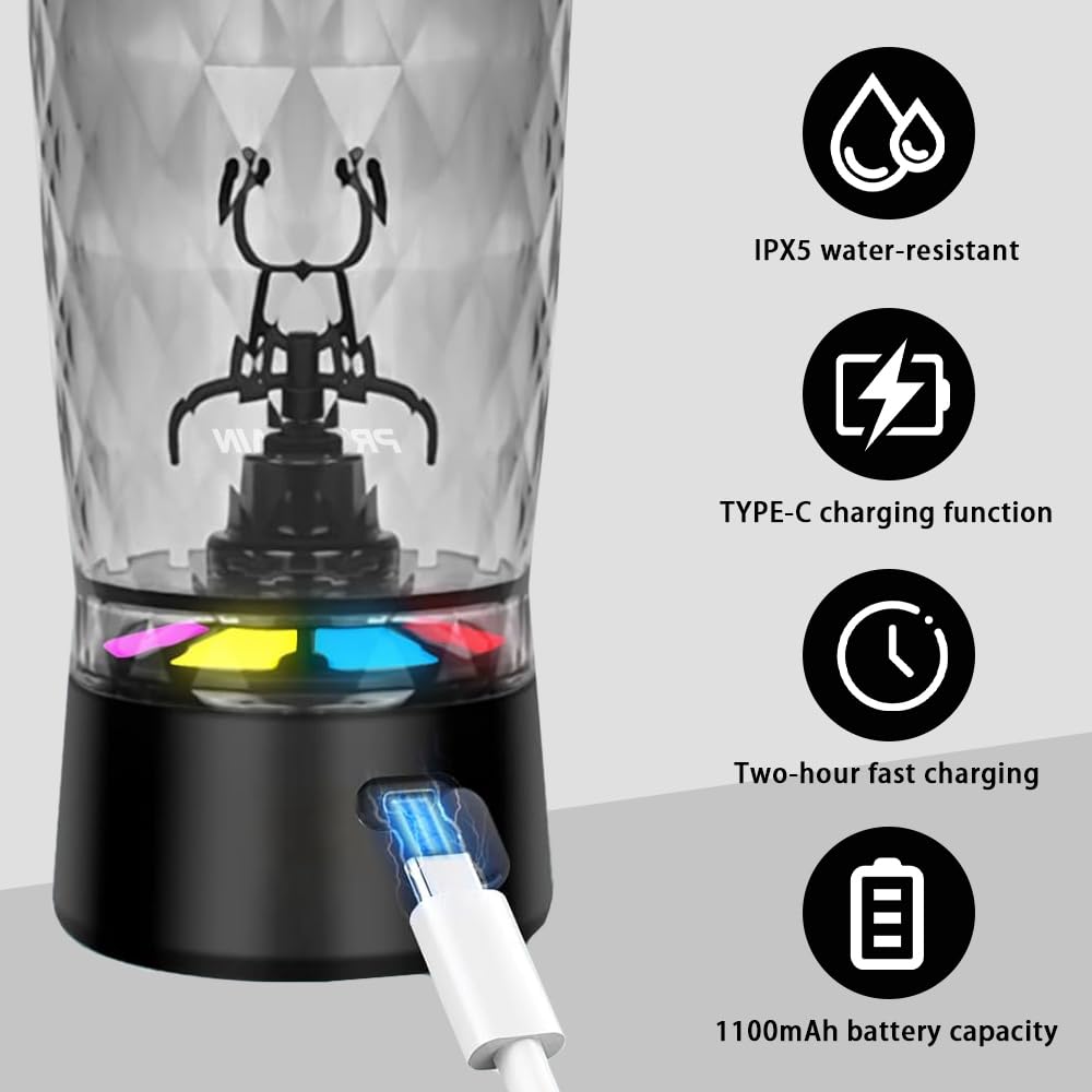 PROCHAIN Shaker électrique montrant le compartiment poudre intégré pour transporter les compléments.