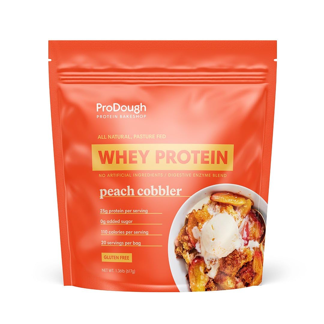 ProDough isolat lactosérum gourmet pêche dessert, shake rapide et savoureux.