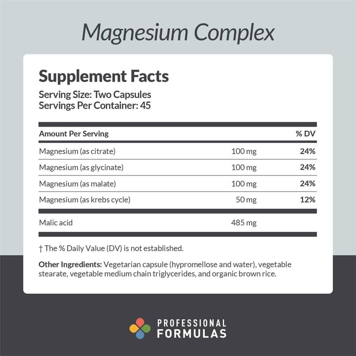 Bouteille Magnésium Complex de PROFESSIONAL COMPLEMENTARY HEALTH FORMULAS, emballage pratique pour usage quotidien.