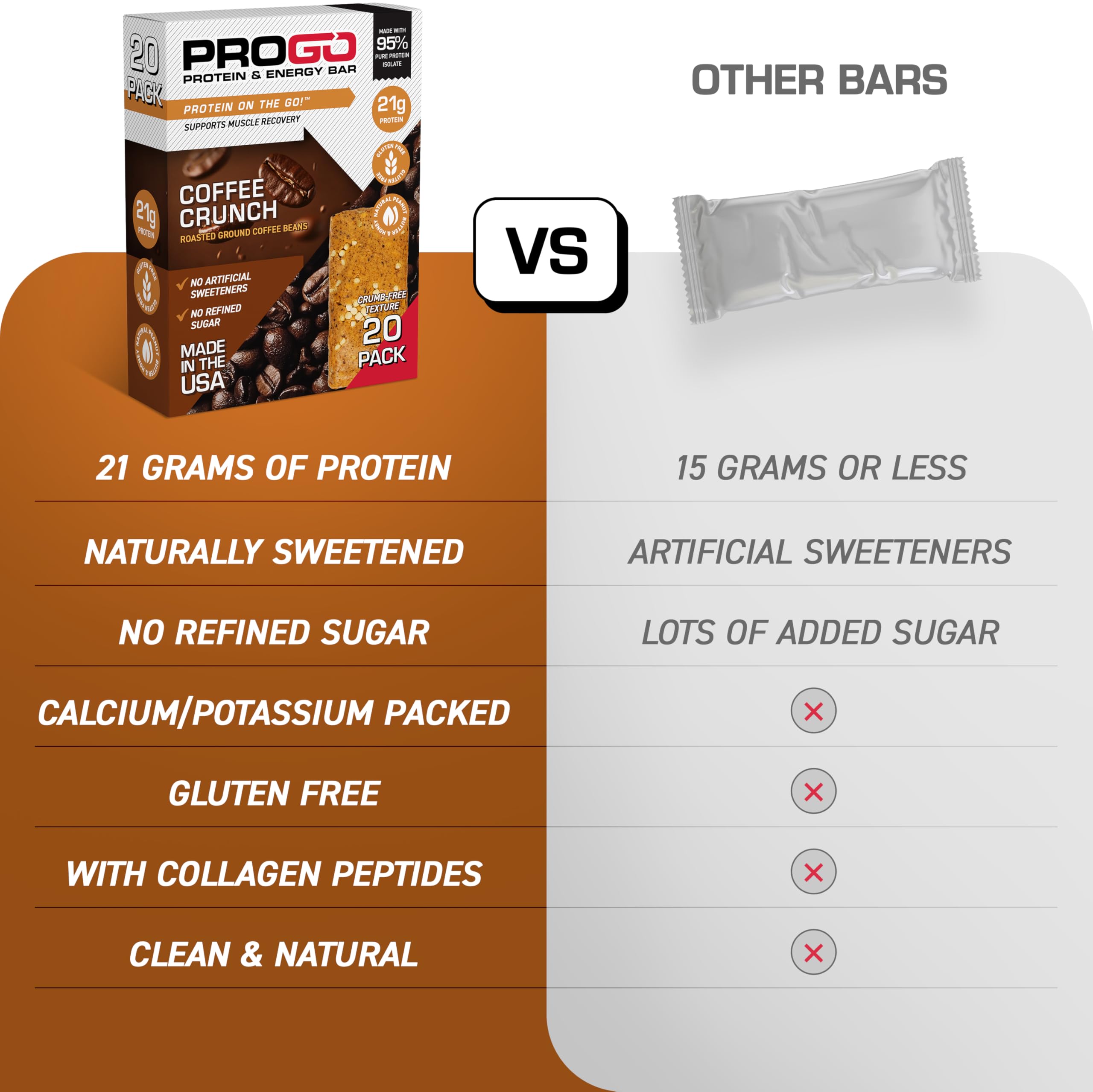 Barre ProGo Coffee Crunch, saveur café avec croquant plaisant.