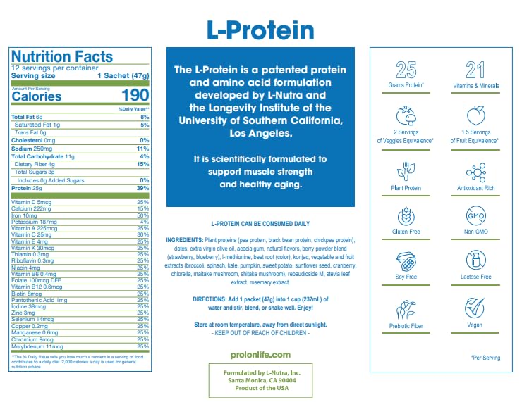 Prolon Protéine Végétale Tableau nutritionnel pour plan de repas équilibré.
