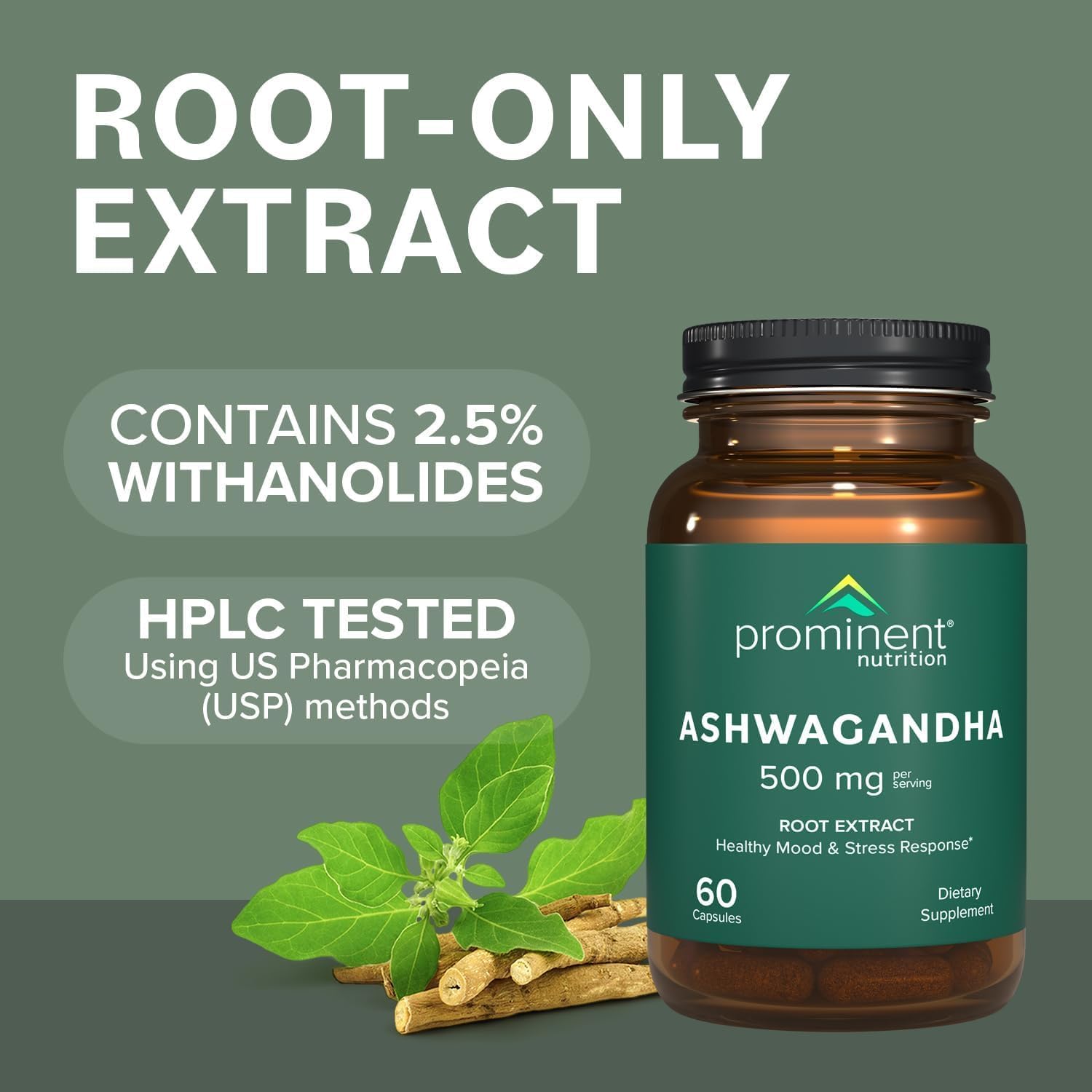 Prominent Nutrition Ashwagandha — 2 capsules par dose, simplicité d'utilisation.