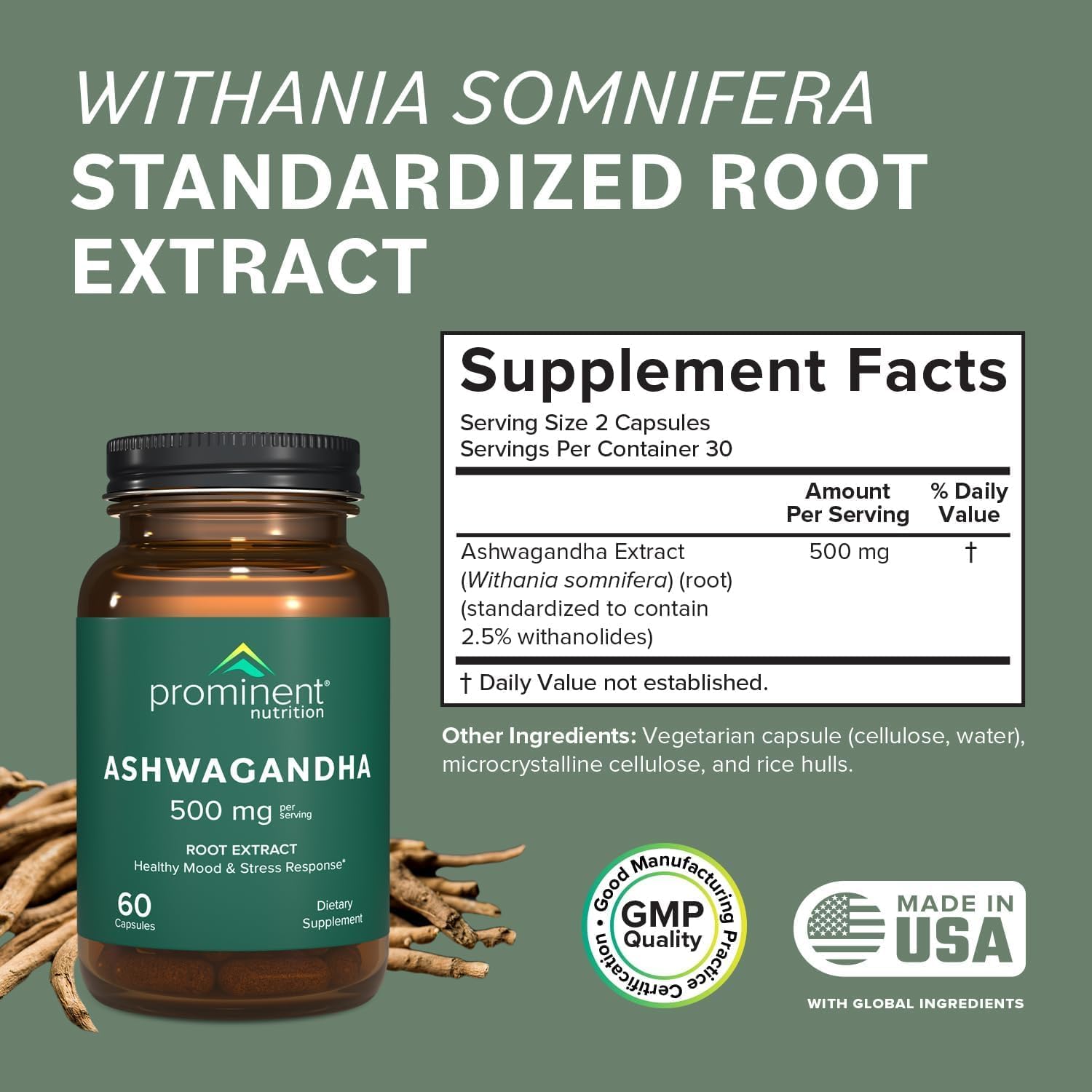 Prominent Nutrition Ashwagandha — capsules faciles à avaler pour une posologie pratique.