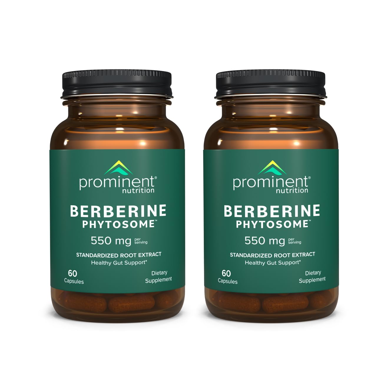 Berberine Phytosome Prominent Nutrition sur bouteille montrant le versement et le soutien digestif potentiel.