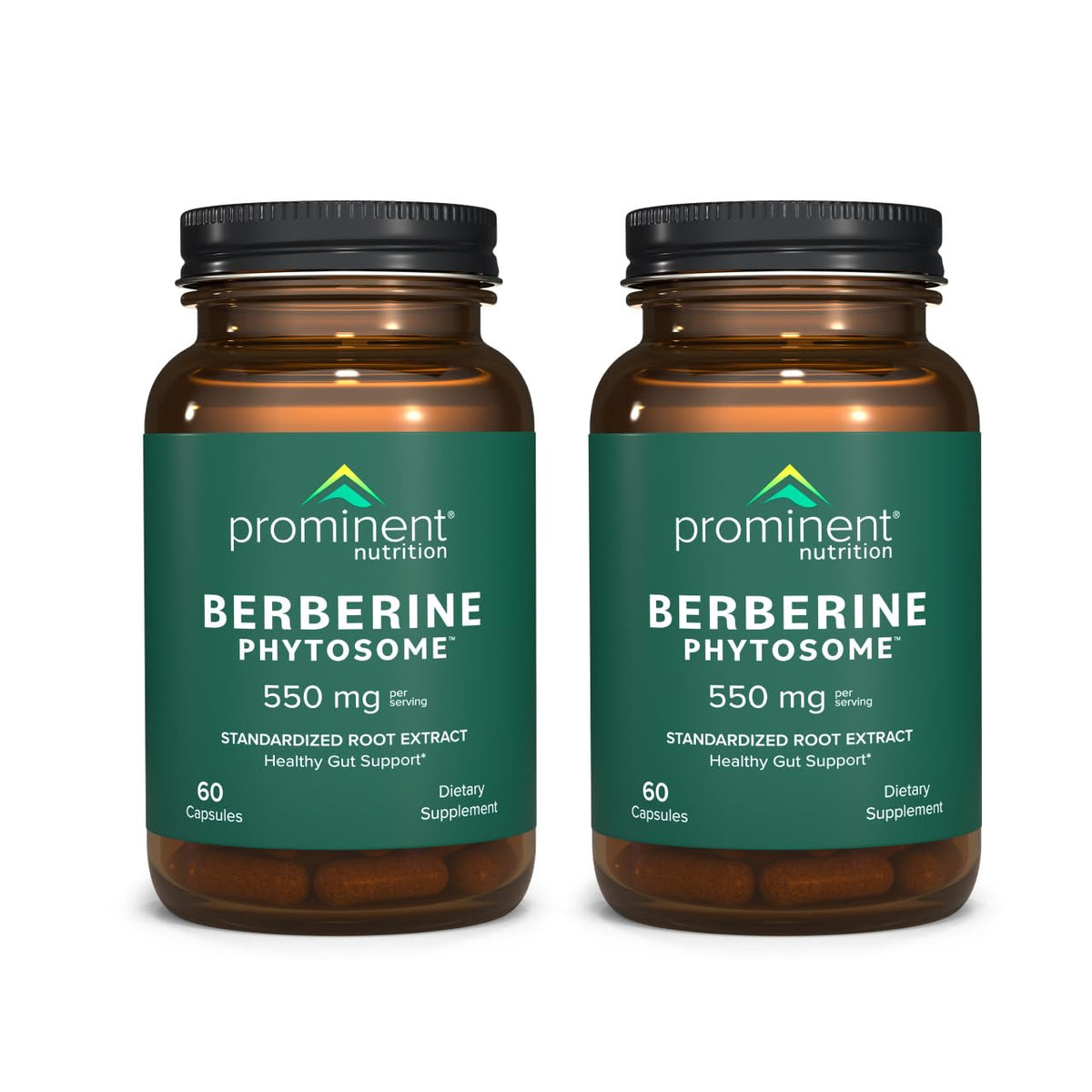 Berberine Phytosome Prominent Nutrition sur bouteille montrant le versement et le soutien digestif potentiel.