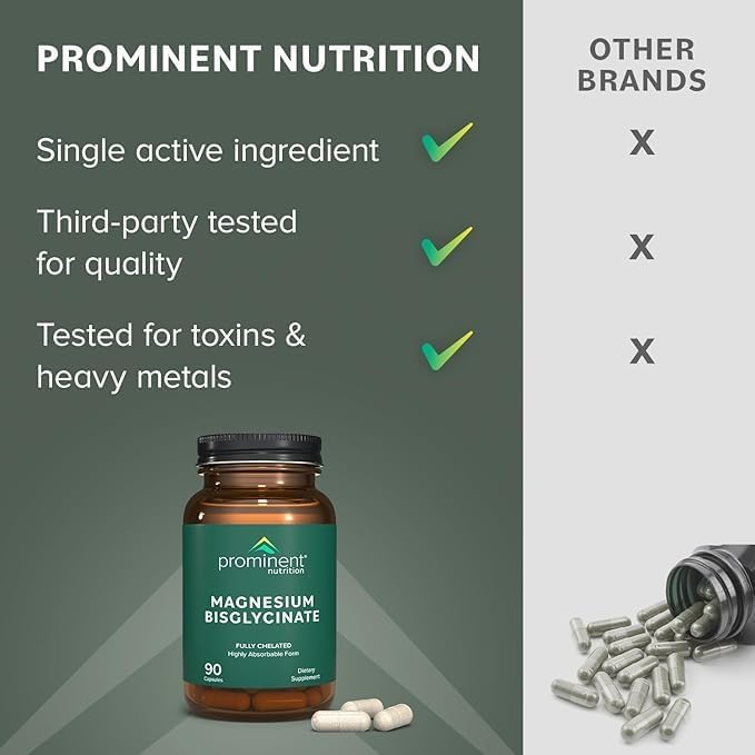 Prominent Nutrition Magnésium Bisglycinate Usage Quotidien, capsule facile à prendre.